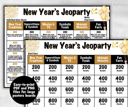 New Years Trivia Jeopardy, NYE Party, Printable Adult Teen Activity, New Year Quiz, Group Game Show, Winter Party activity, Zoom Family Feud-New Year&#39;s -TheHustlingCatLady-Party Games