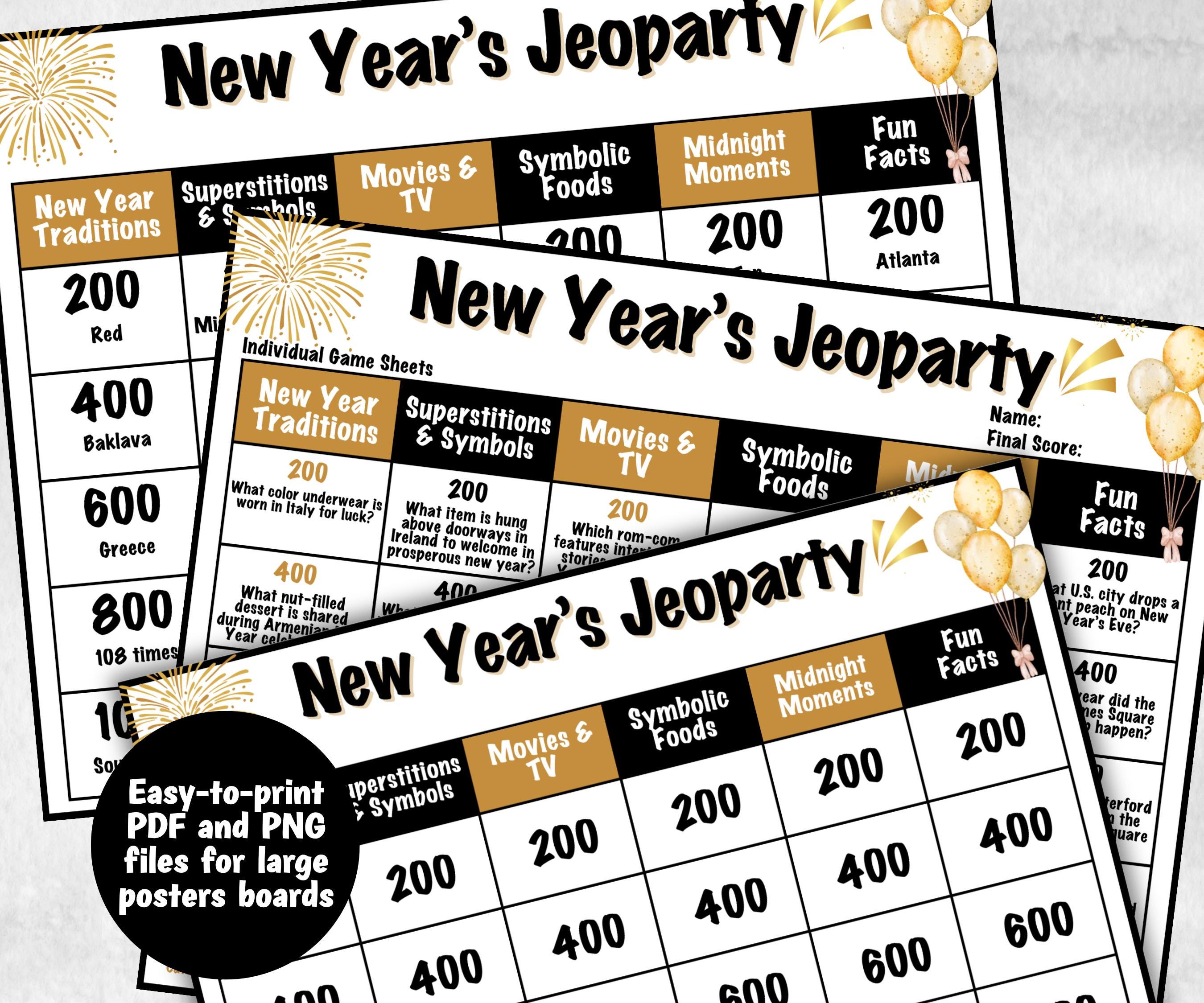 New Years Trivia Jeopardy, NYE Party, Printable Adult Teen Activity, New Year Quiz, Group Game Show, Winter Party activity, Zoom Family Feud-New Year&#39;s -TheHustlingCatLady-Party Games