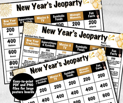 New Years Trivia Jeopardy, NYE Party, Printable Adult Teen Activity, New Year Quiz, Group Game Show, Winter Party activity, Zoom Family Feud-New Year&#39;s -TheHustlingCatLady-Party Games