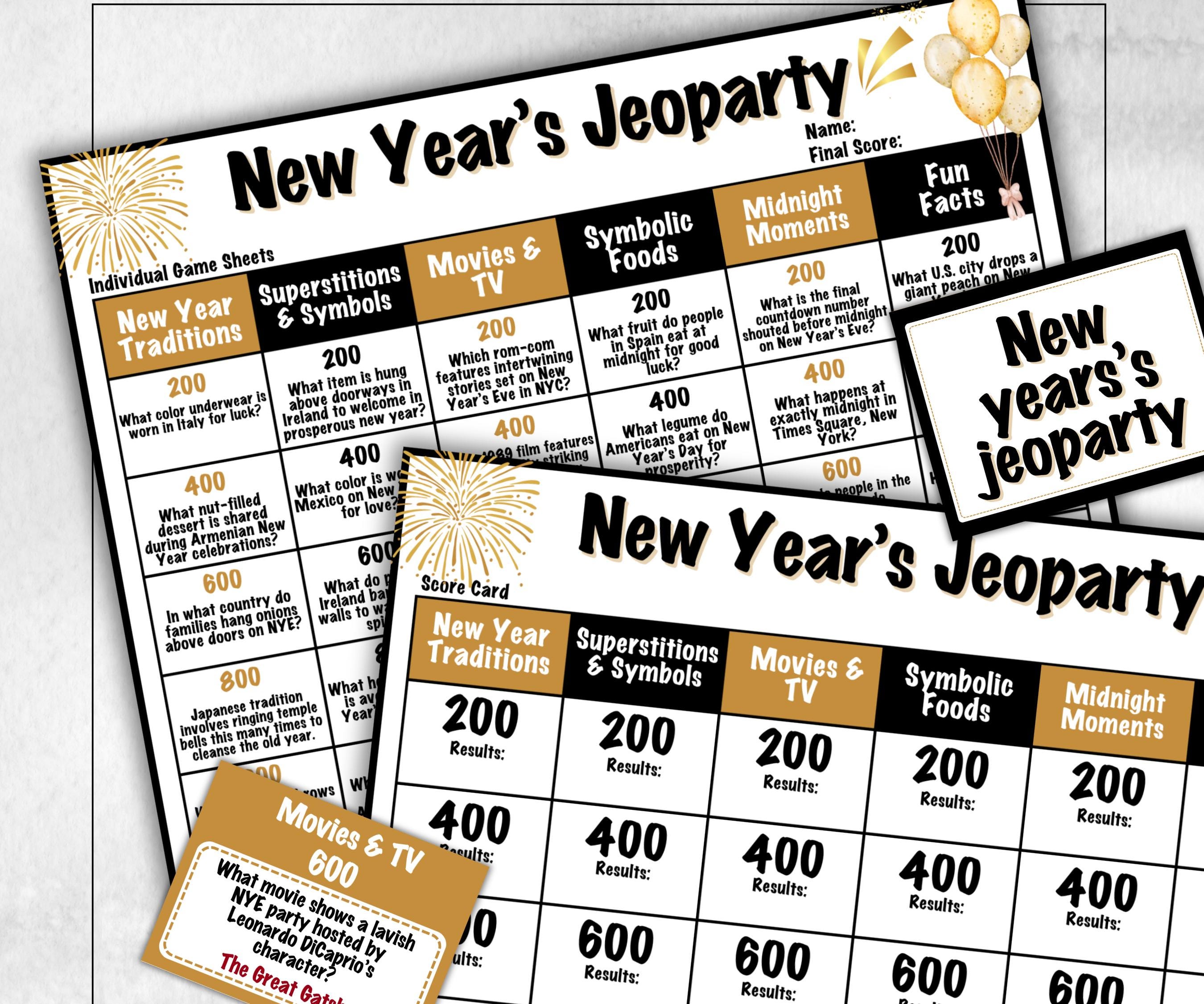 New Years Trivia Jeopardy, NYE Party, Printable Adult Teen Activity, New Year Quiz, Group Game Show, Winter Party activity, Zoom Family Feud-New Year&#39;s -TheHustlingCatLady-Party Games