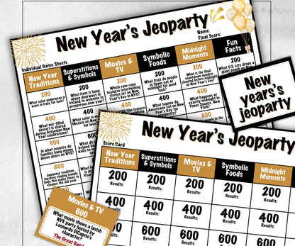 New Years Trivia Jeopardy, NYE Party, Printable Adult Teen Activity, New Year Quiz, Group Game Show, Winter Party activity, Zoom Family Feud-New Year&#39;s -TheHustlingCatLady-Party Games
