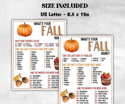 Whats Your Fall Name Game, Kids Thanksgiving theme party, Pumpkin fall festival Birthday Party, Fall Party Game, Fall name card, Give thanks-Thanksgiving -TheHustlingCatLady-Party Games