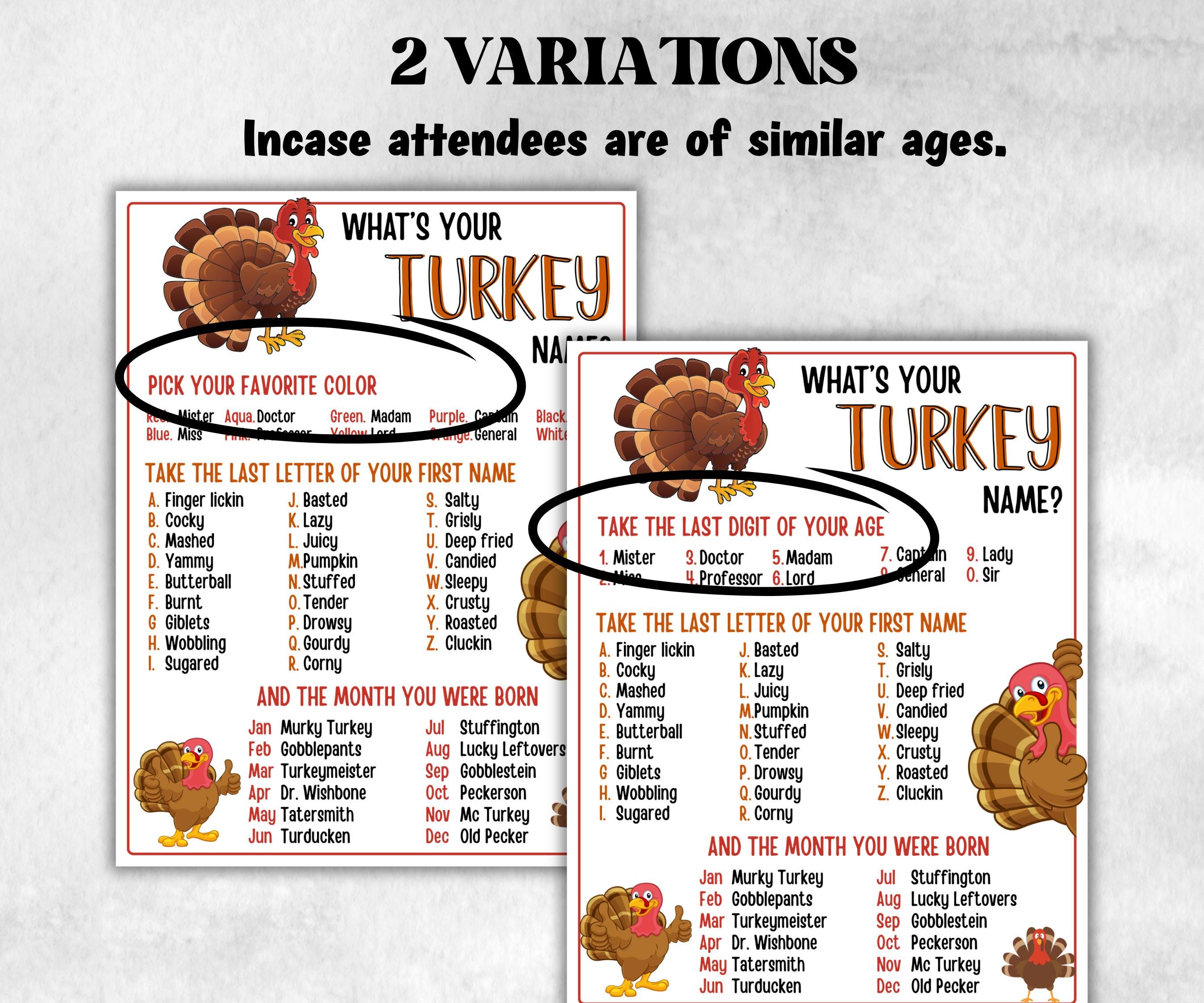Thanksgiving Friendsgiving, Whats Your Turkey Name Game, Office Party Game, Turkey Name Tags, Icebreaker Game, Whats Your Turkey Name game-Thanksgiving -TheHustlingCatLady-Party Games