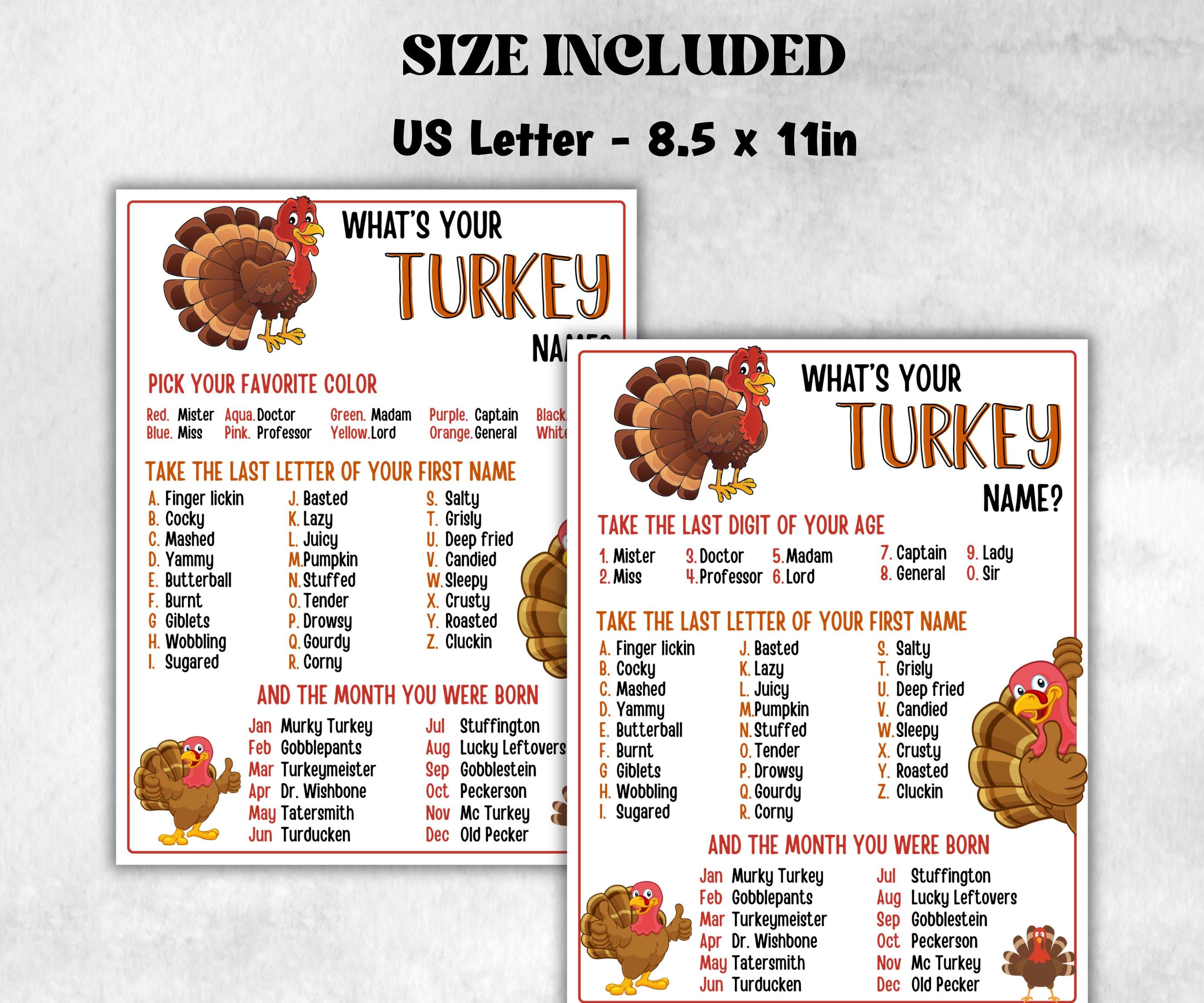 Thanksgiving Friendsgiving, Whats Your Turkey Name Game, Office Party Game, Turkey Name Tags, Icebreaker Game, Whats Your Turkey Name game-Thanksgiving -TheHustlingCatLady-Party Games