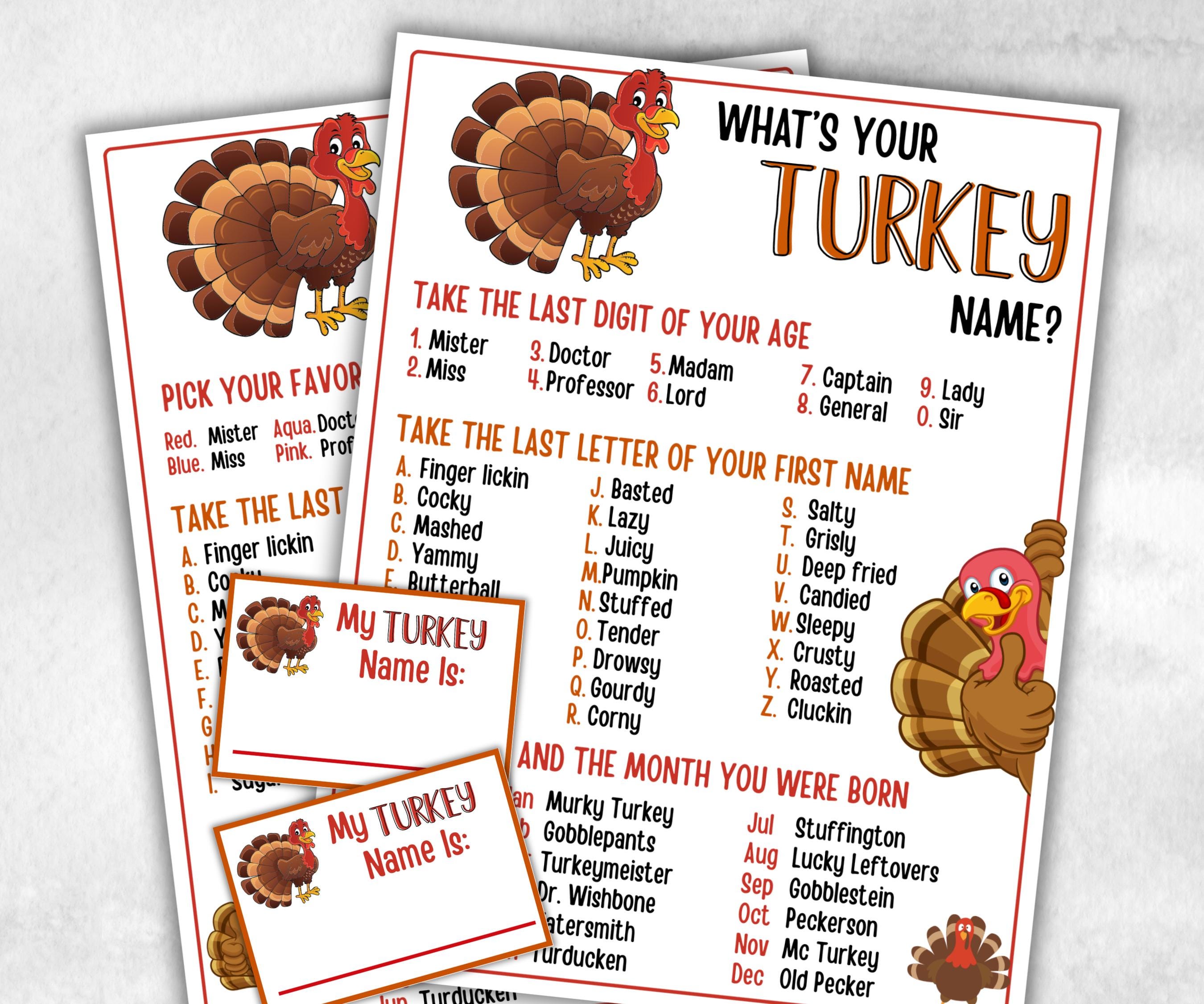 Thanksgiving Friendsgiving, Whats Your Turkey Name Game, Office Party Game, Turkey Name Tags, Icebreaker Game, Whats Your Turkey Name game-Thanksgiving -TheHustlingCatLady-Party Games