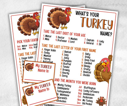 Thanksgiving Friendsgiving, Whats Your Turkey Name Game, Office Party Game, Turkey Name Tags, Icebreaker Game, Whats Your Turkey Name game-Thanksgiving -TheHustlingCatLady-Party Games