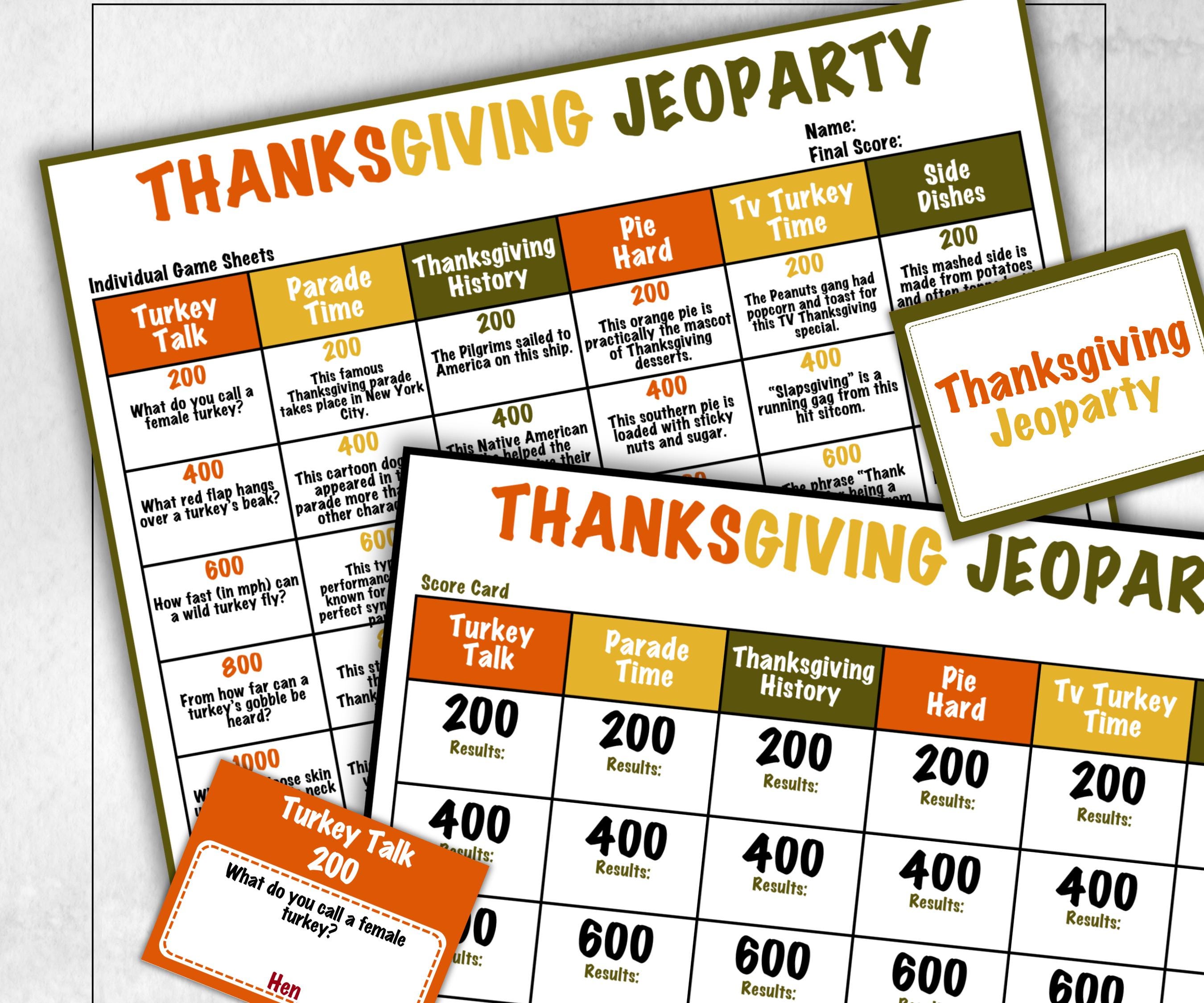 Thanksgiving Jeopardy Trivia Party, Printable Adult & Teen Activity, Thanksgiving Quiz, Group Game Show, Fall Party activity, Family Feud-Thanksgiving -TheHustlingCatLady-Party Games