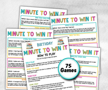Birthday Minute To Win It, Family Game Night, One Minute Game, 60 Seconds game, Kids Adults Party, Family Reunion, Summer Bday Party Games,- -TheHustlingCatLady-Party Games