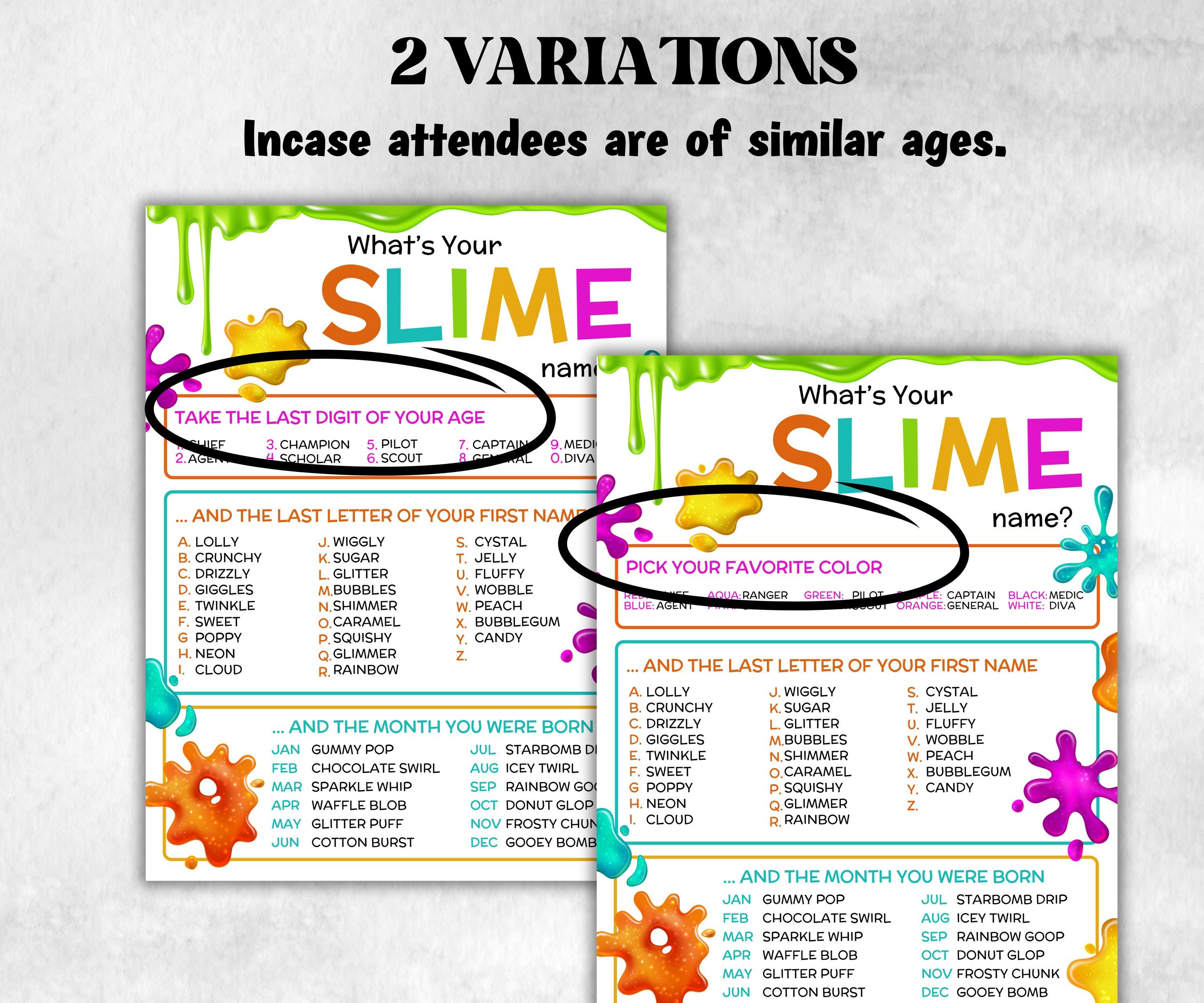 What is your Slime name printable game, office party, daycare name, Name board sign, party decoration, Name tag, birthday nickname, summer-Holidays -TheHustlingCatLady-Party Games