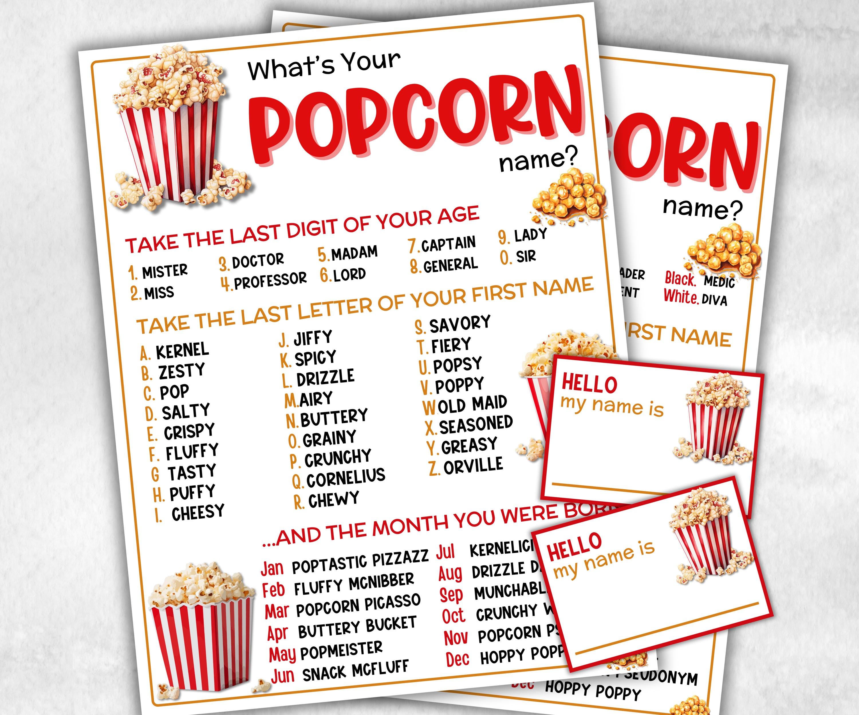 What is your Popcorn name printable game, office party, daycare, Name board sign, party decoration, Name tag, birthday nickname, summer fun-Holidays -TheHustlingCatLady-Stickers, Labels & Tags