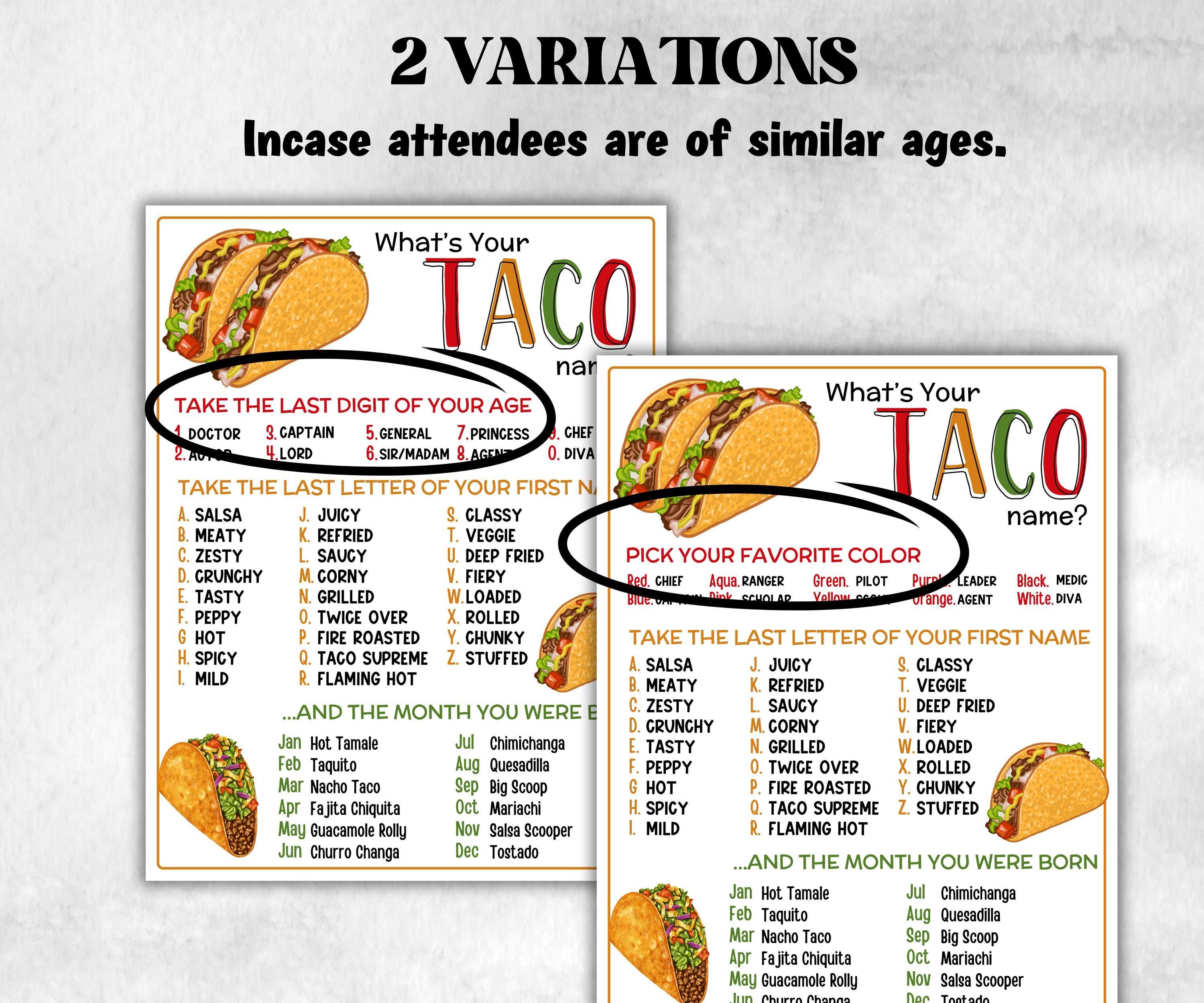 What is your Tacos name printable game, office party, daycare, Name board sign, party decoration, Name tag, birthday nickname, fiesta fun-Holidays -TheHustlingCatLady-Stickers, Labels & Tags