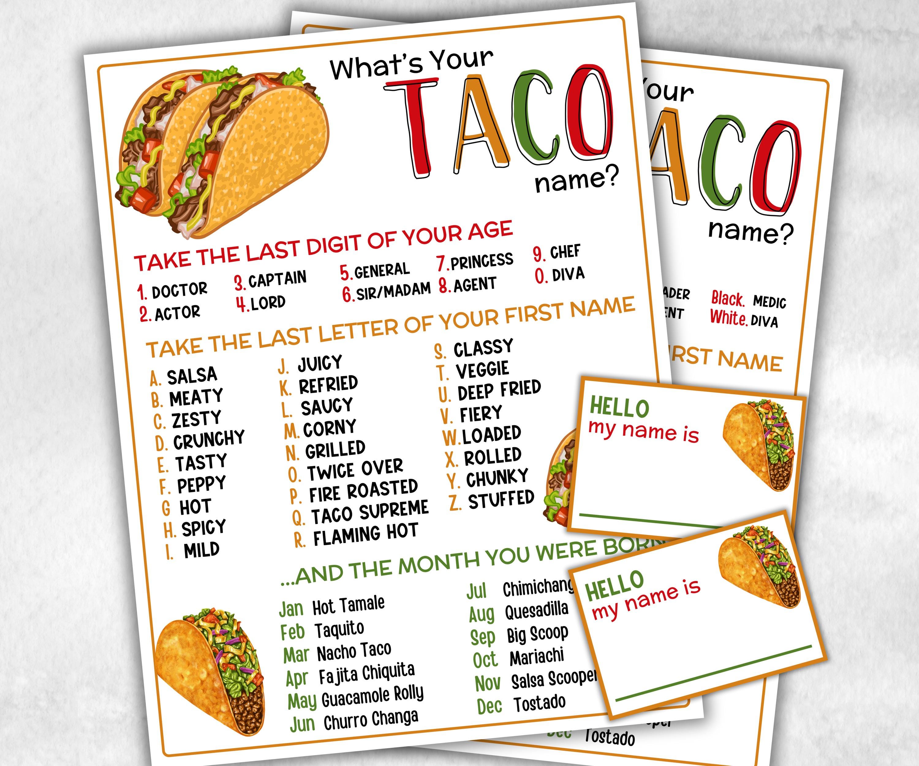 What is your Tacos name printable game, office party, daycare, Name board sign, party decoration, Name tag, birthday nickname, fiesta fun-Holidays -TheHustlingCatLady-Stickers, Labels & Tags