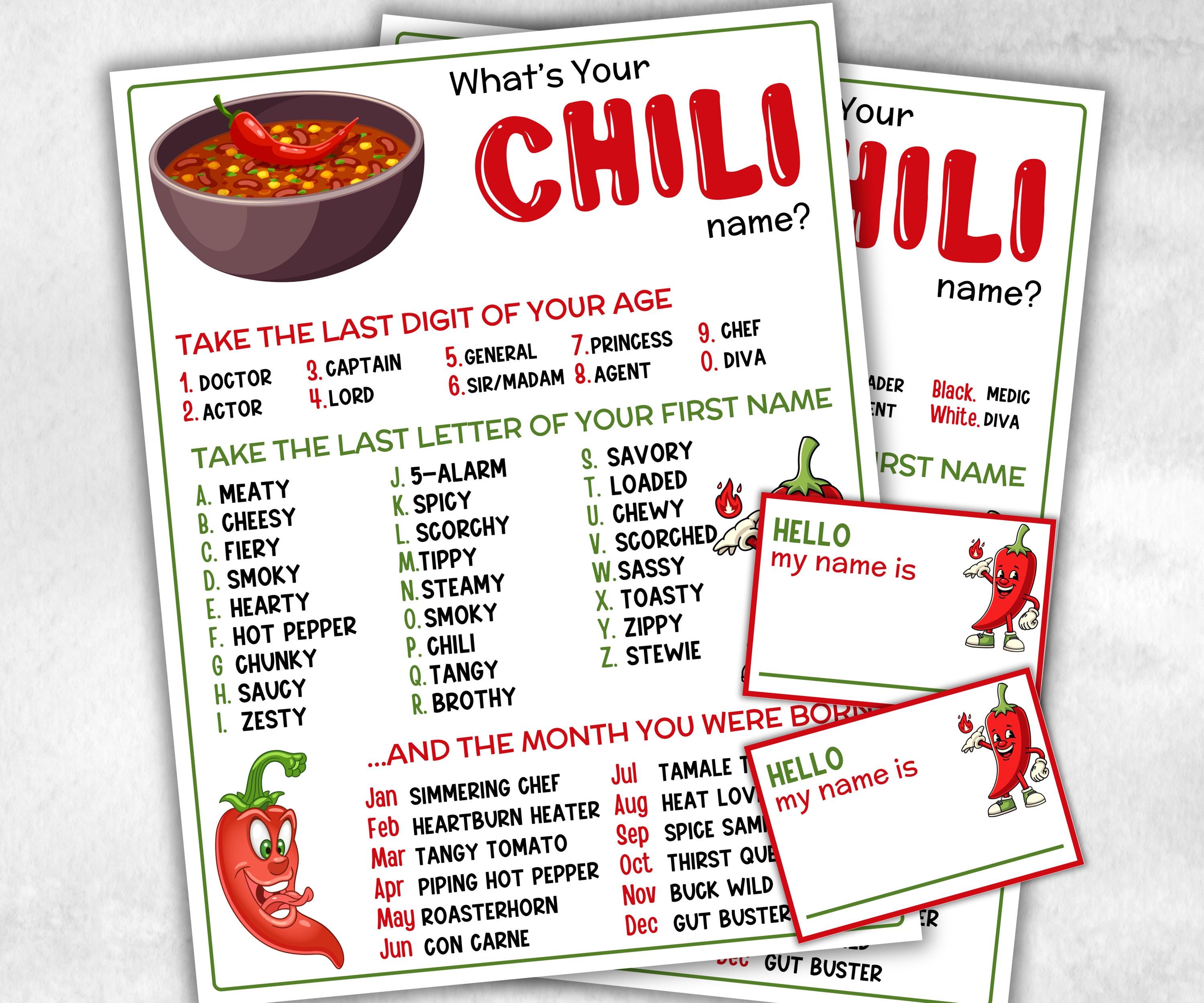 What is your chili name printable game, office party, daycare, Name board sign, party decoration, Name tag, birthday nickname, summer fiesta-Holidays -TheHustlingCatLady-Stickers, Labels & Tags