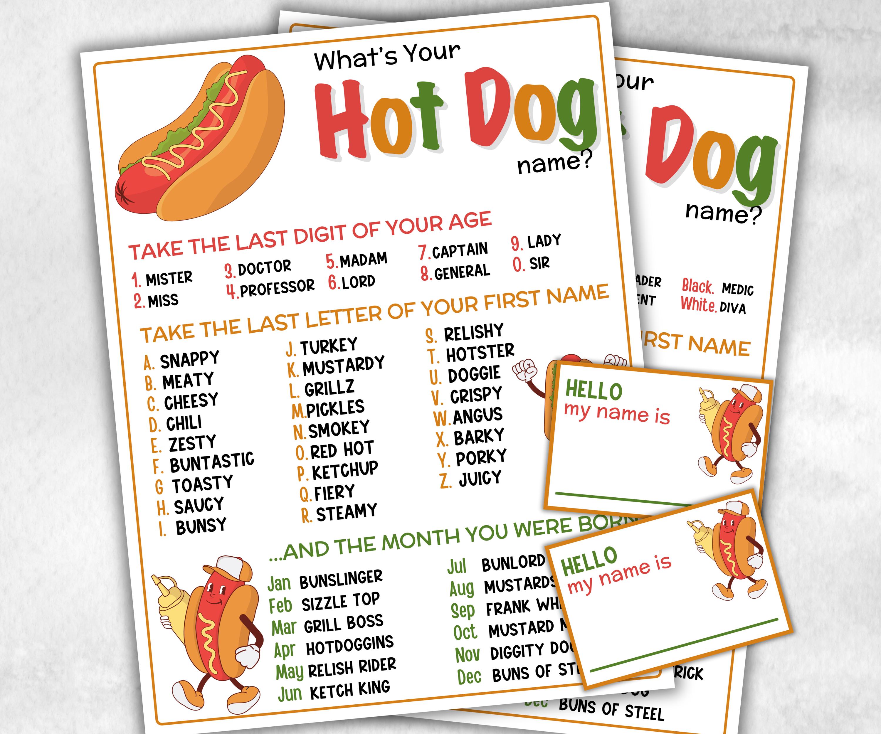 What is your Hot dog name printable game, office party, daycare, Name board sign, party decoration, Name tag, birthday nickname, summer fun-Holidays -TheHustlingCatLady-Stickers, Labels & Tags