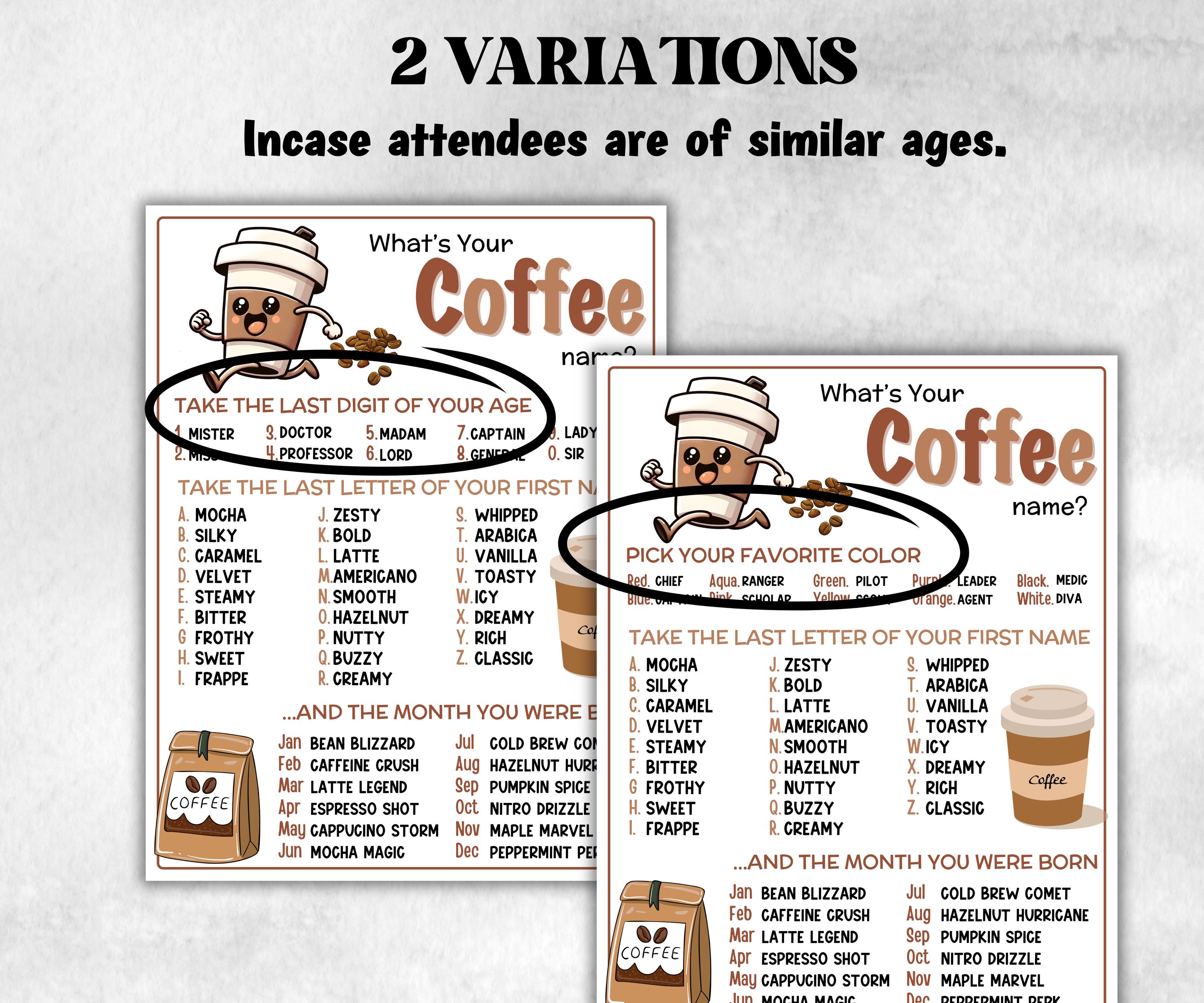What is your Coffee name printable game, office party, daycare, Name board sign, party decoration, Name tag, birthday nickname, summer fun-Holidays -TheHustlingCatLady-Stickers, Labels & Tags