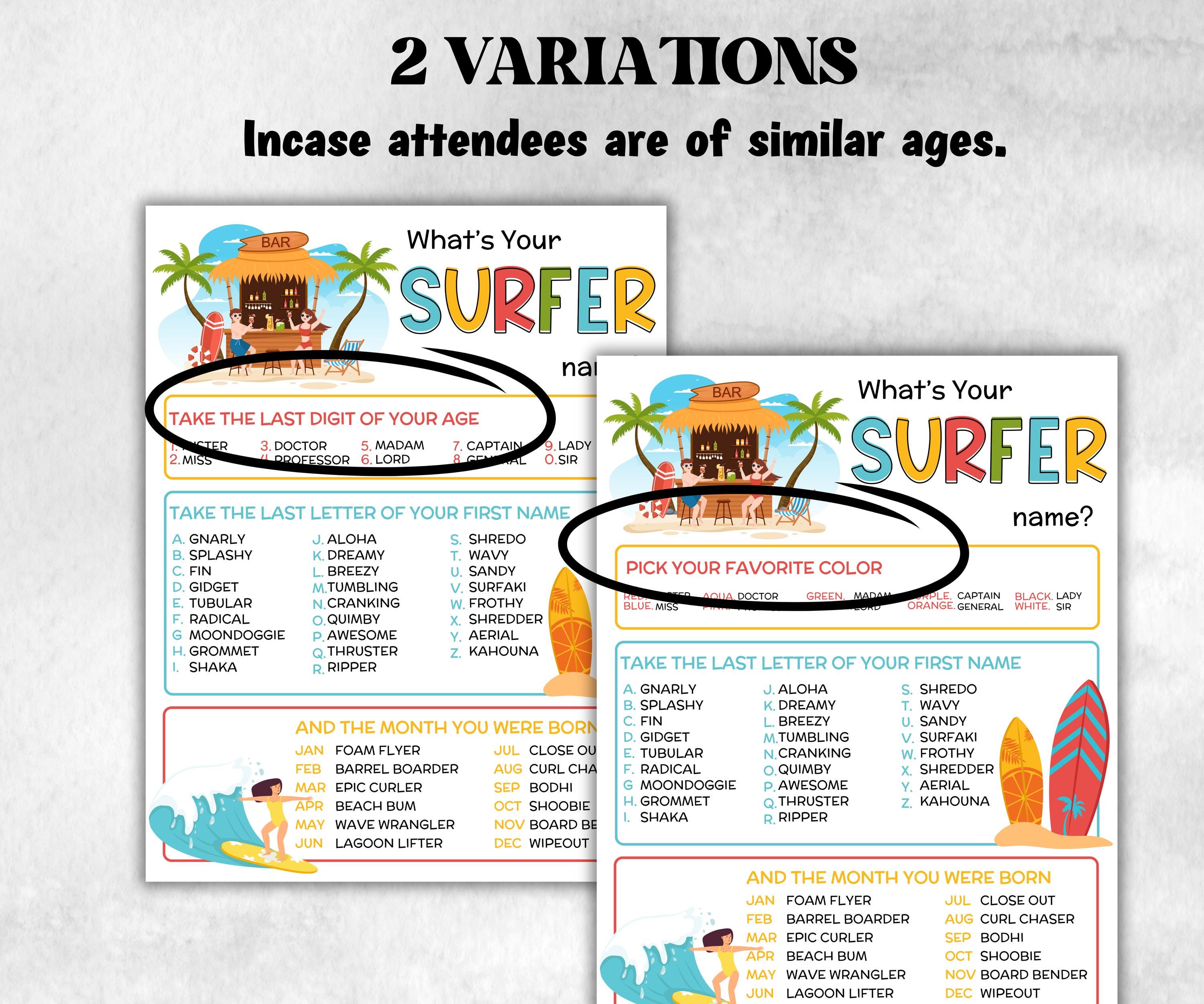 What is your Surfer name printable game, office party, daycare Name board sign, party decoration, Name tag, birthday nickname, summer beach-Holidays -TheHustlingCatLady-Party Games