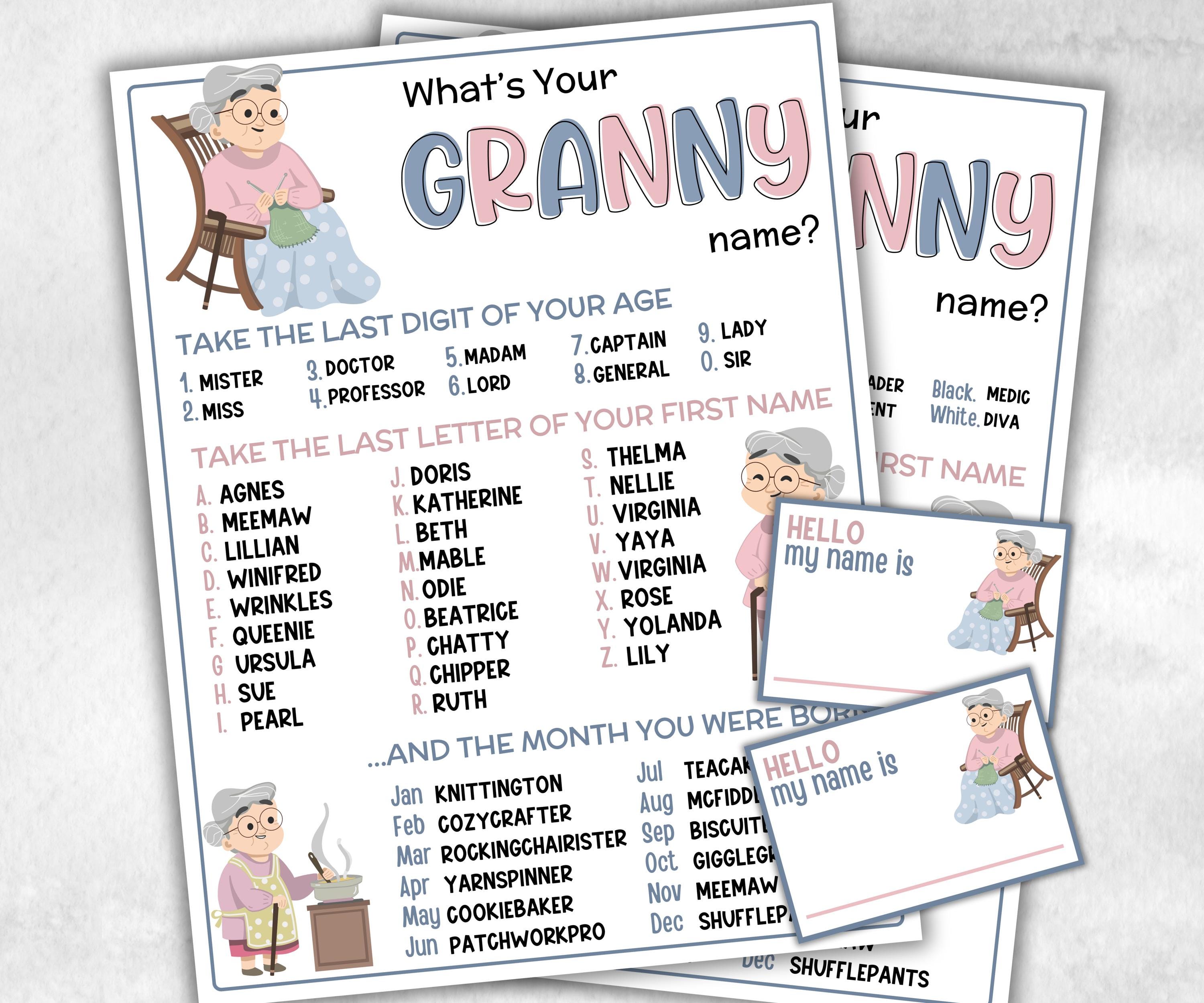 What is your Granny name printable game, office party, daycare Name board sign, party decoration, Name tag, birthday nickname, summer games-Holidays -TheHustlingCatLady-Party Games
