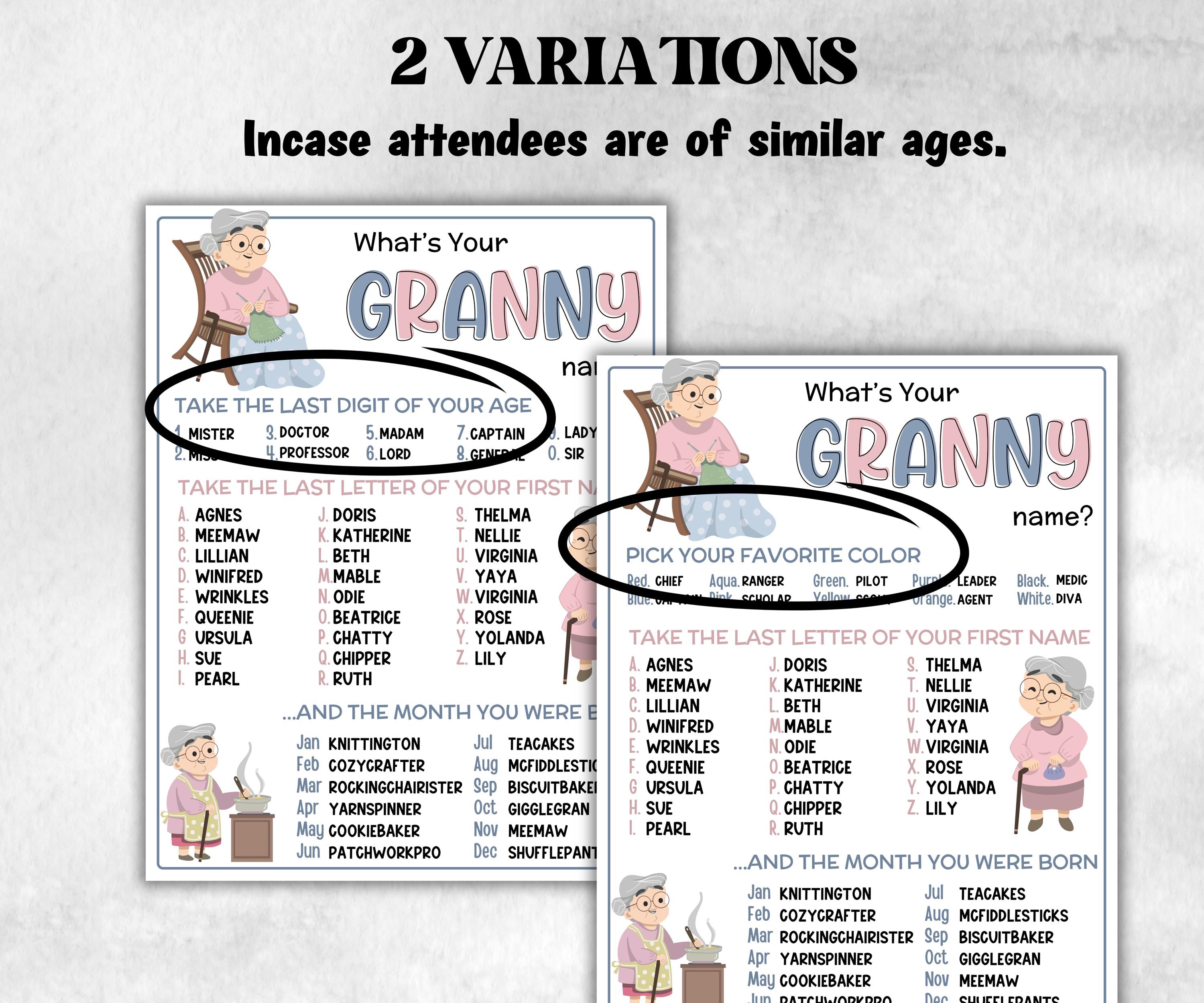 What is your Granny name printable game, office party, daycare Name board sign, party decoration, Name tag, birthday nickname, summer games-Holidays -TheHustlingCatLady-Party Games
