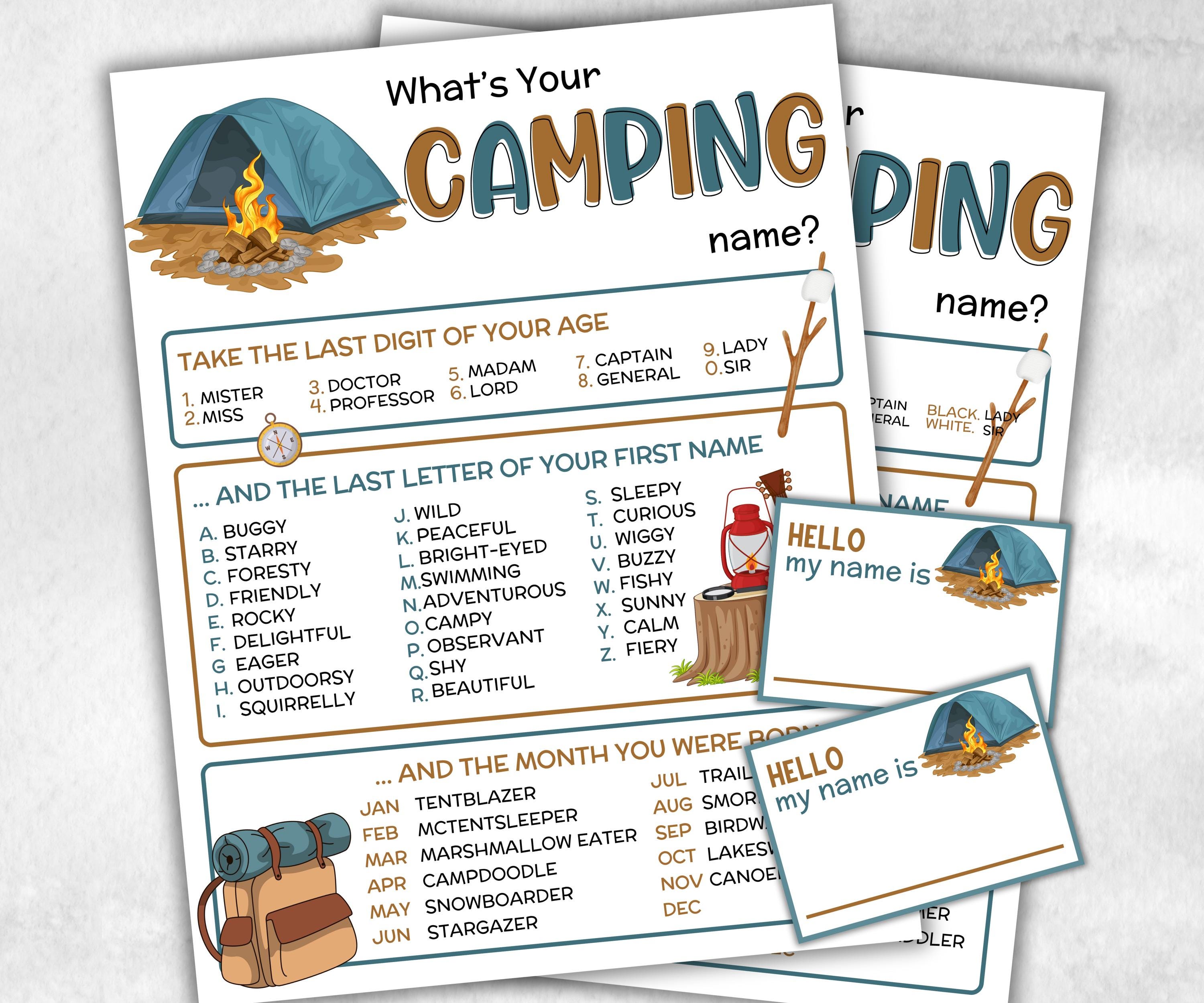 What is your Camping name printable game, office party, daycare Name board sign, party decoration, Name tag, birthday nickname, summer camp-Holidays -TheHustlingCatLady-Party Games