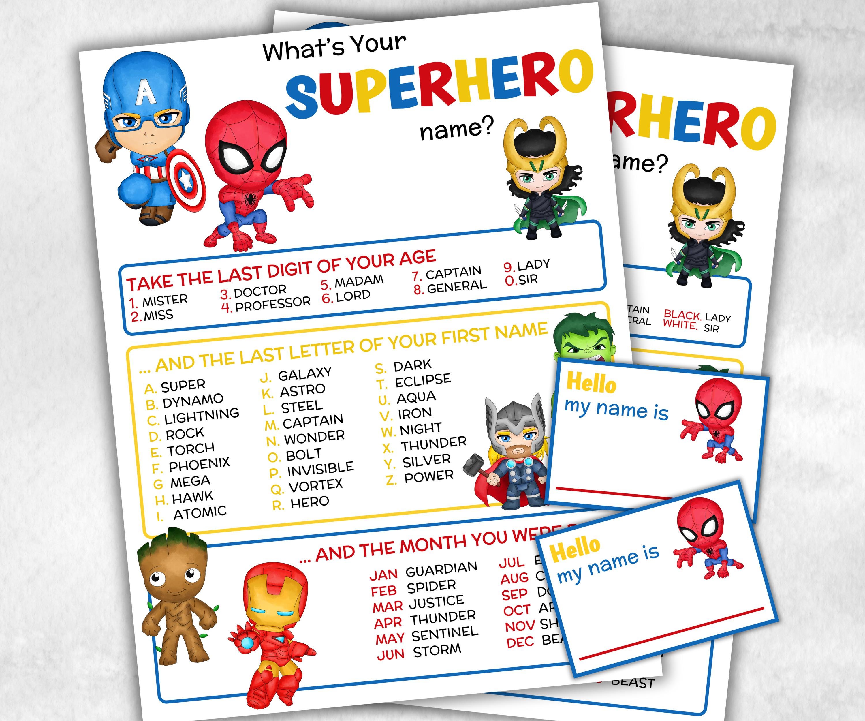 What is your superhero name, office party, daycare Name board sign, party decoration, Name tag, birthday nickname, summer superhero games-Holidays -TheHustlingCatLady-Party Games