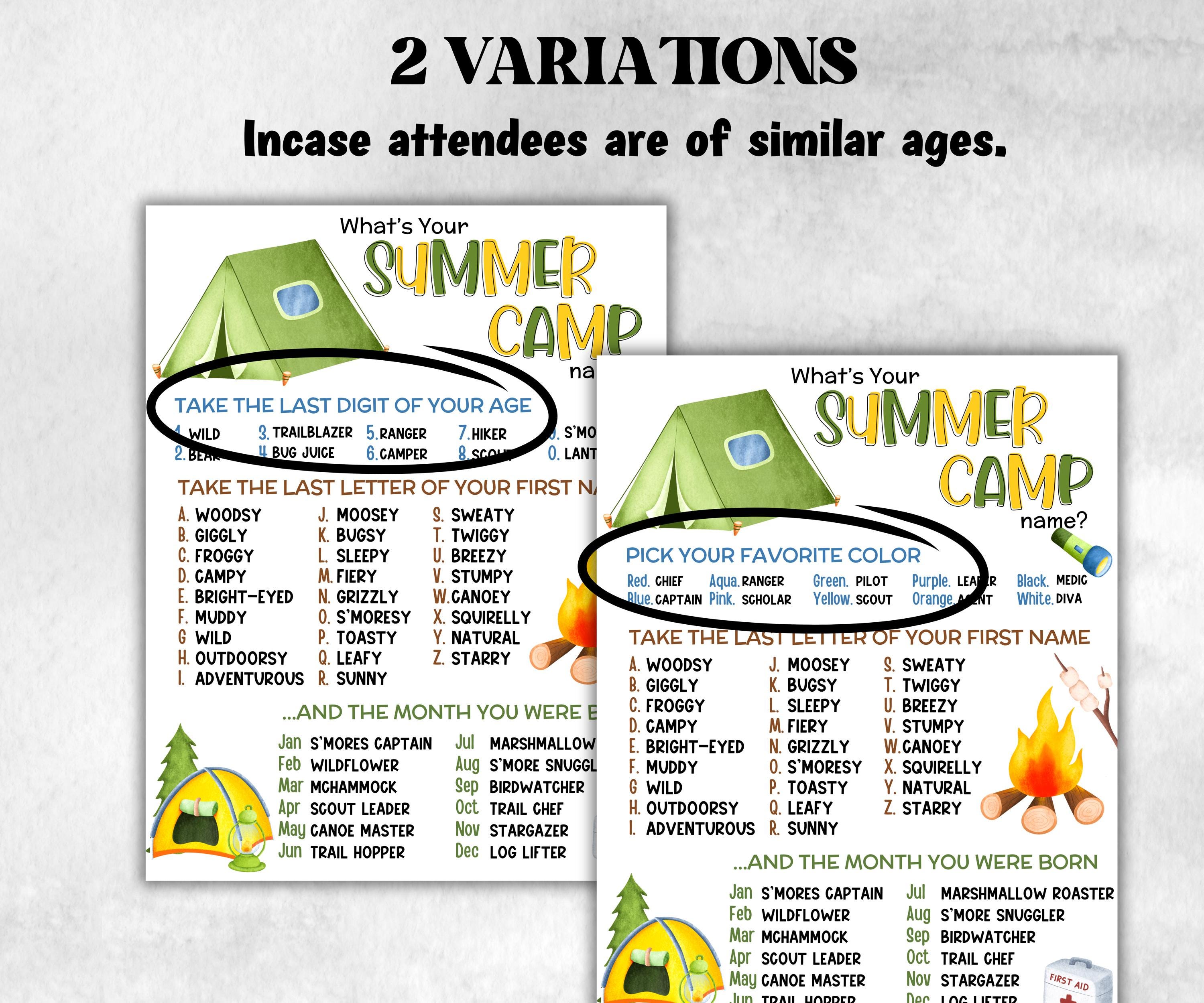 What is your Summer Camp name, office party, daycare Name board sign, party decoration, Name tag, birthday nickname, summer camping games-Holidays -TheHustlingCatLady-Party Games