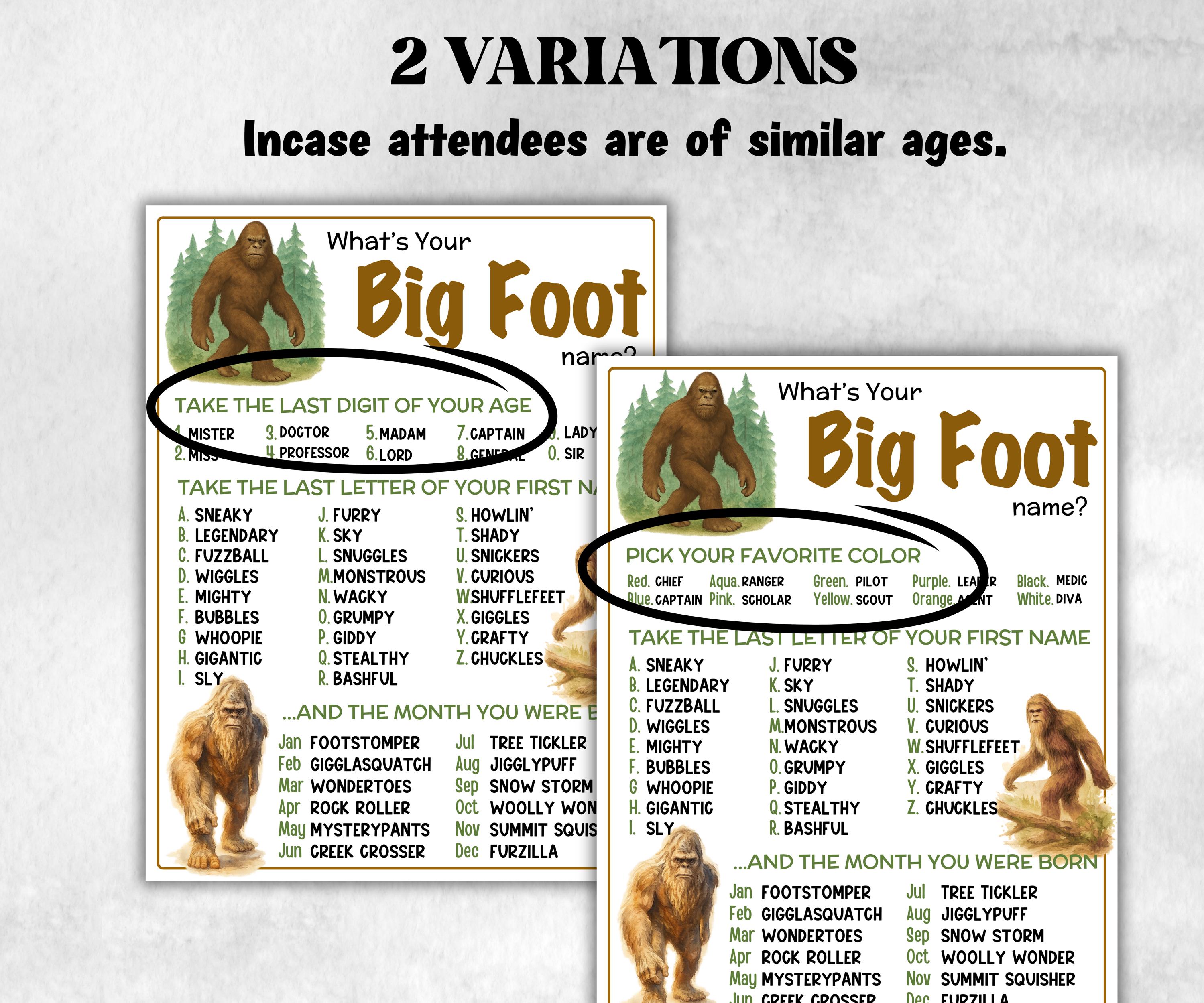 What is your Big Foot name, office party, daycare Name board sign, party decoration, Name tag, birthday nickname, summer winter forest games-Holidays -TheHustlingCatLady-Party Games