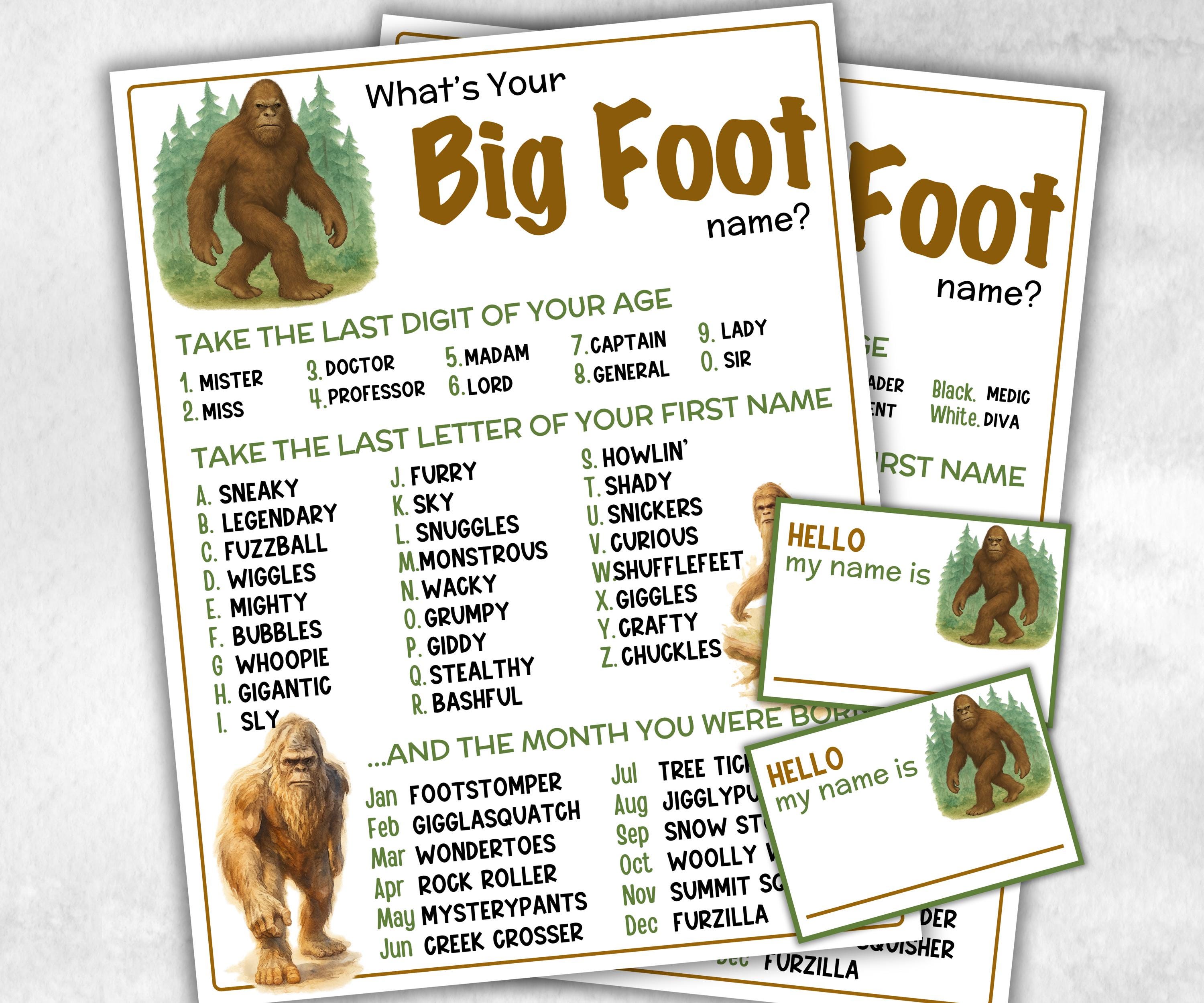 What is your Big Foot name, office party, daycare Name board sign, party decoration, Name tag, birthday nickname, summer winter forest games-Holidays -TheHustlingCatLady-Party Games