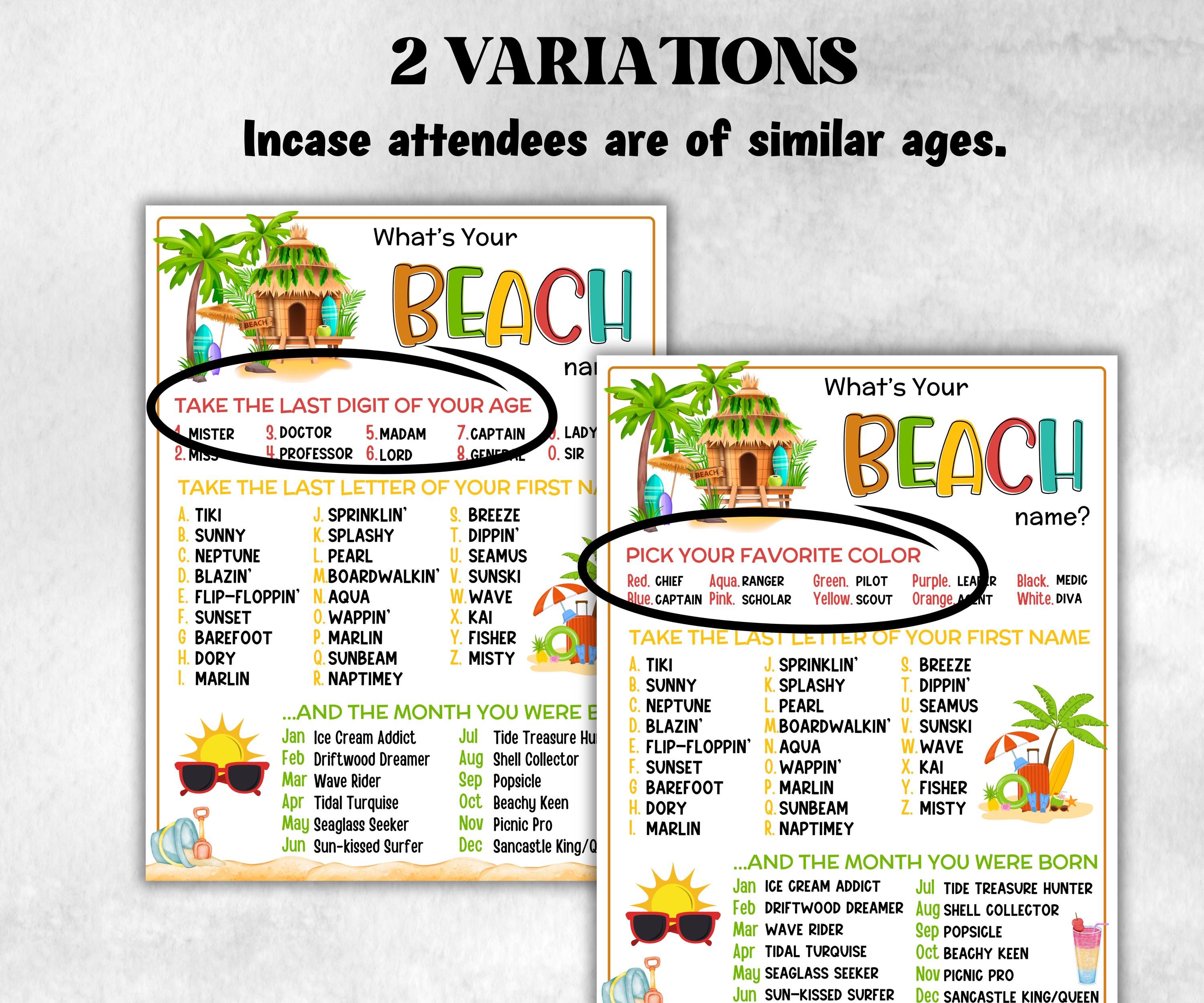 What is your Beach name, office party, daycare Name board sign, party decoration, Name tag, birthday nickname, summer Spring Surfer game-Holidays -TheHustlingCatLady-Party Games