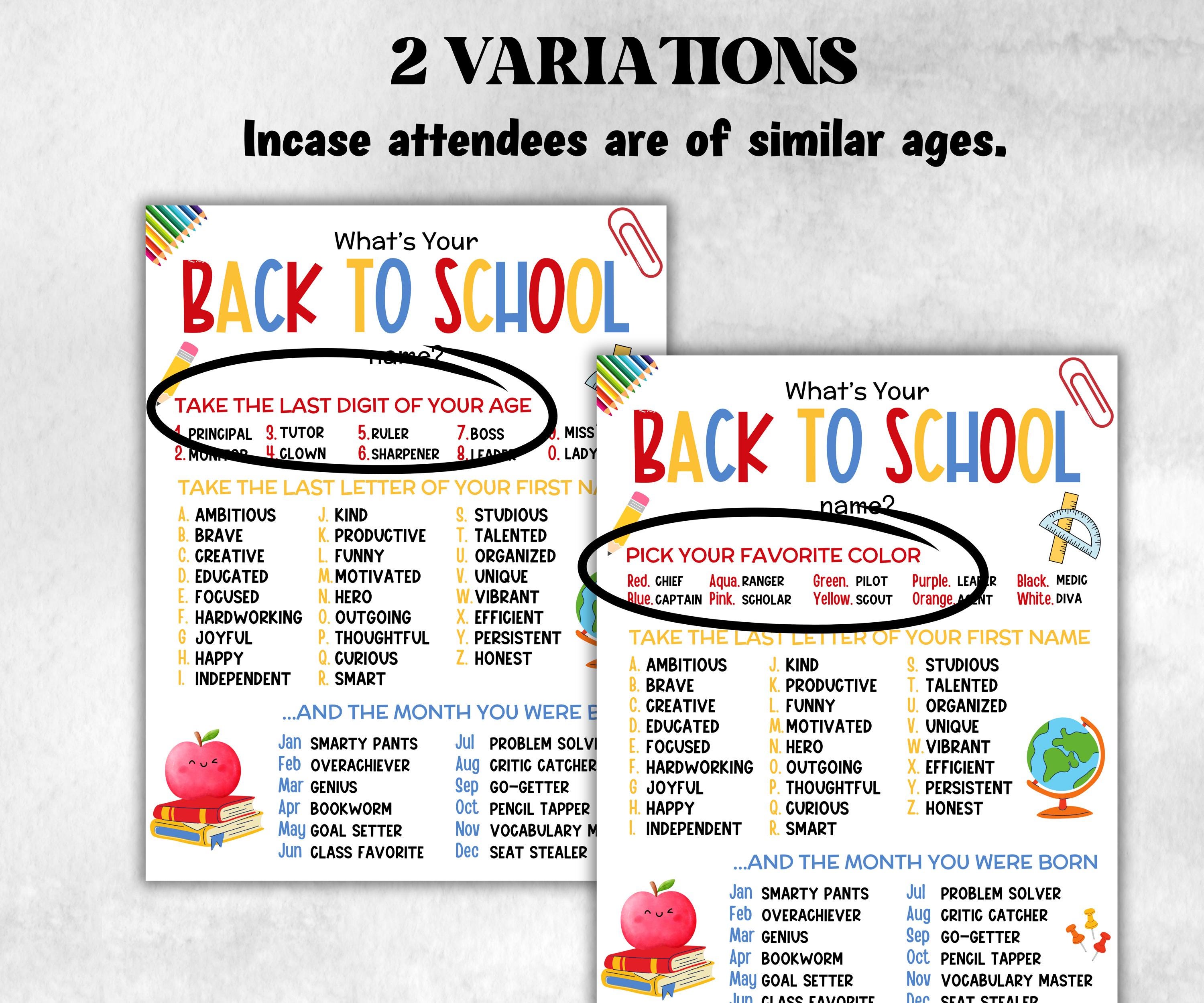 What is your Back to school name game, office party, daycare Name board sign, party decoration, Name tag, birthday nickname, Teacher print-Holidays -TheHustlingCatLady-Party Games