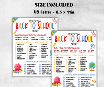What is your Back to school name game, office party, daycare Name board sign, party decoration, Name tag, birthday nickname, Teacher print-Holidays -TheHustlingCatLady-Party Games