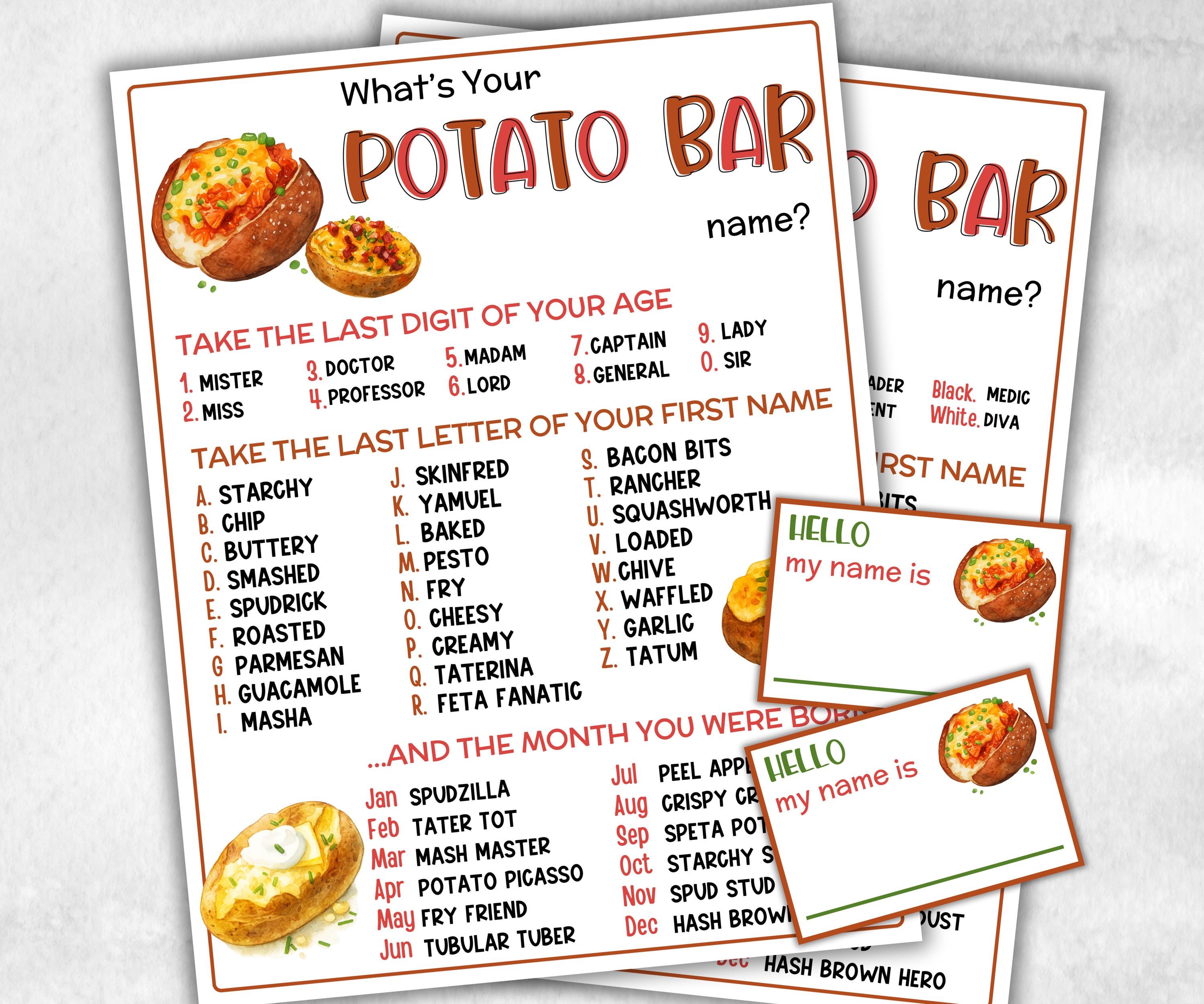 What is your Potato Bar name game, office party, daycare Name board sign, party decoration, Name tag, birthday nickname, Summer Indoor games-Holidays -TheHustlingCatLady-Party Games