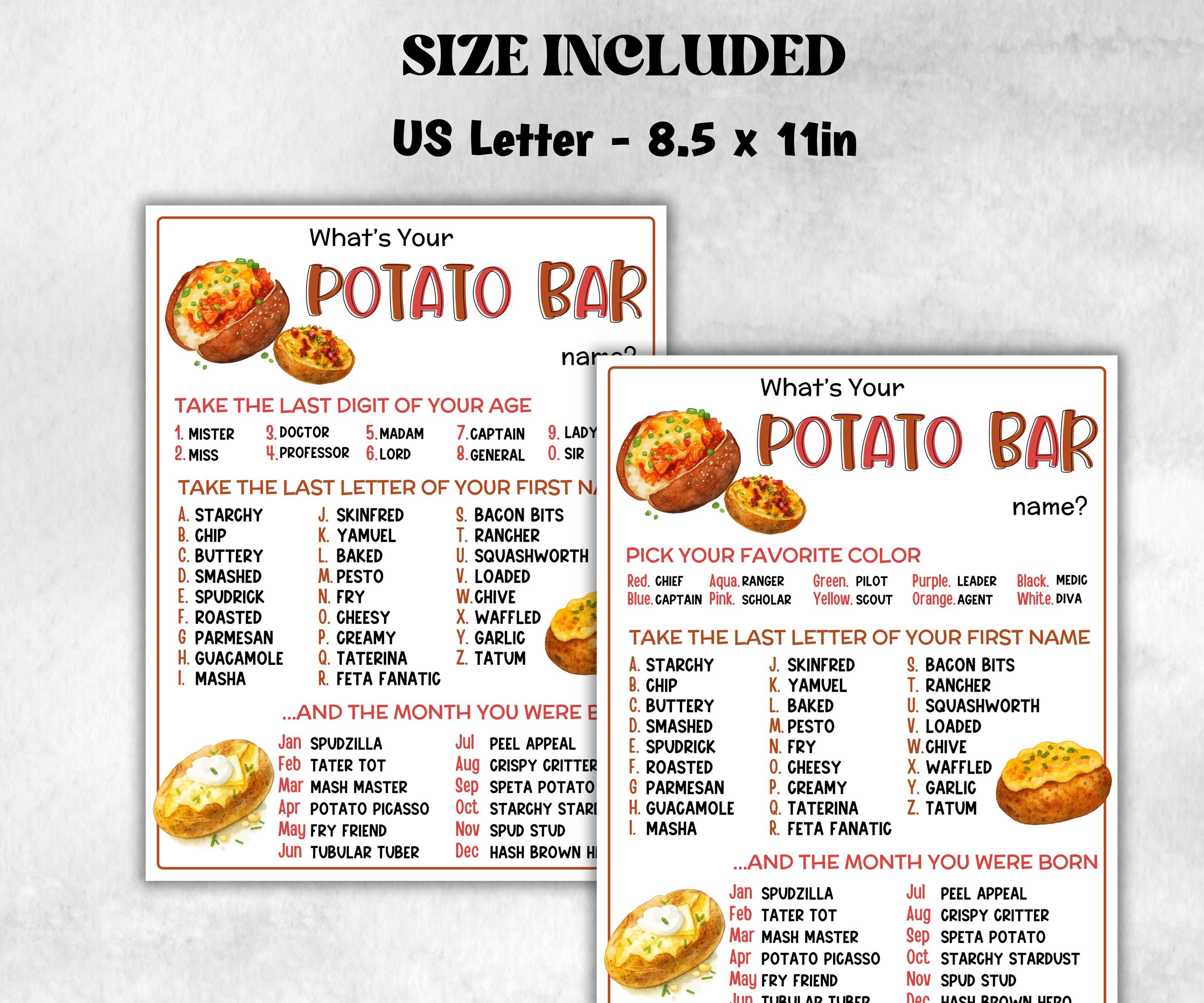 What is your Potato Bar name game, office party, daycare Name board sign, party decoration, Name tag, birthday nickname, Summer Indoor games-Holidays -TheHustlingCatLady-Party Games
