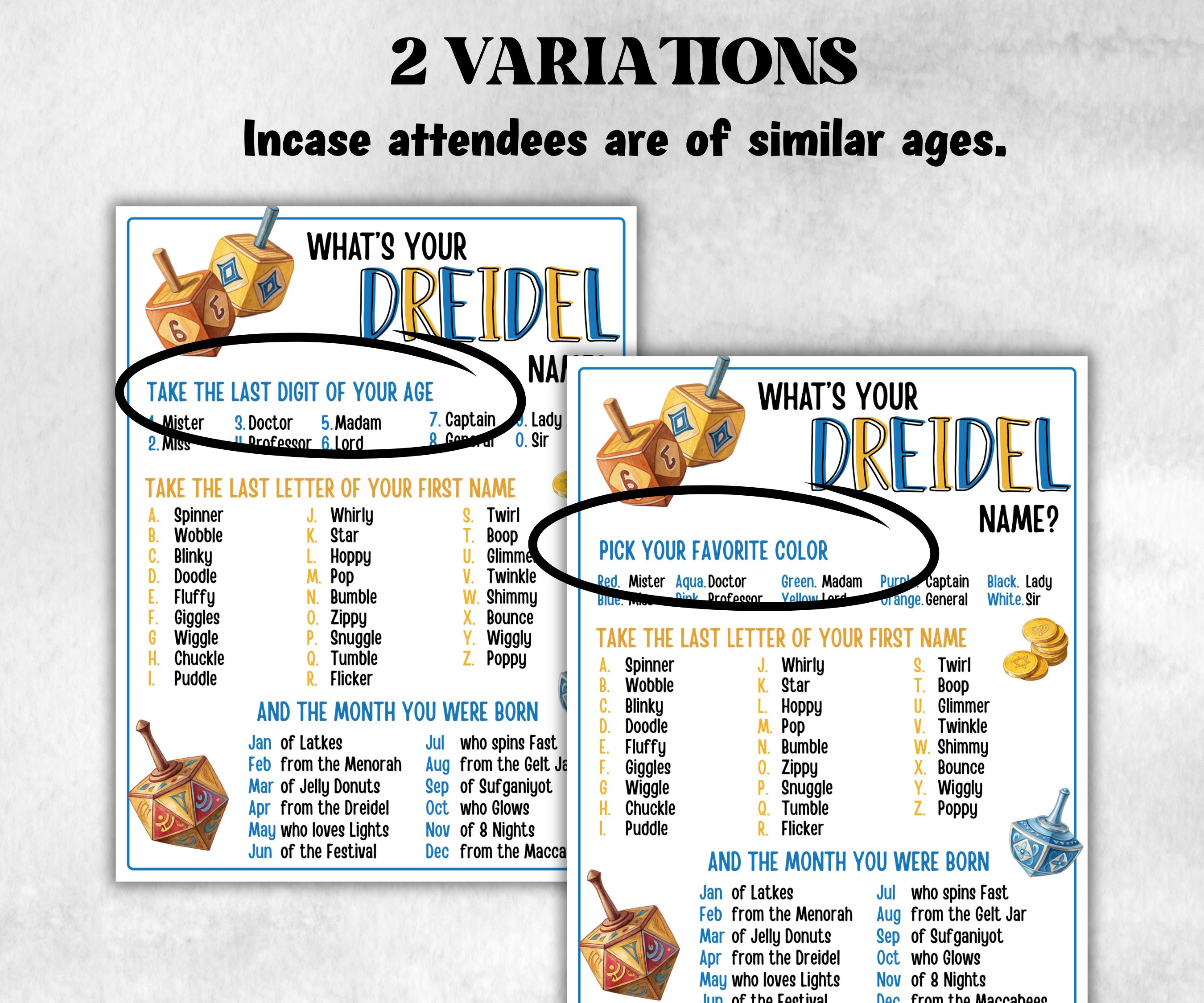 Whats your dreidel name, Chanukah creative printable, engaging Menorah game, party fun, personalized Hanukkah game, unique party activity-Sports Printables -TheHustlingCatLady-Party Games
