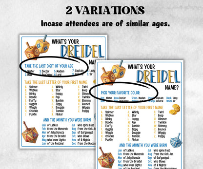 Whats your dreidel name, Chanukah creative printable, engaging Menorah game, party fun, personalized Hanukkah game, unique party activity-Sports Printables -TheHustlingCatLady-Party Games