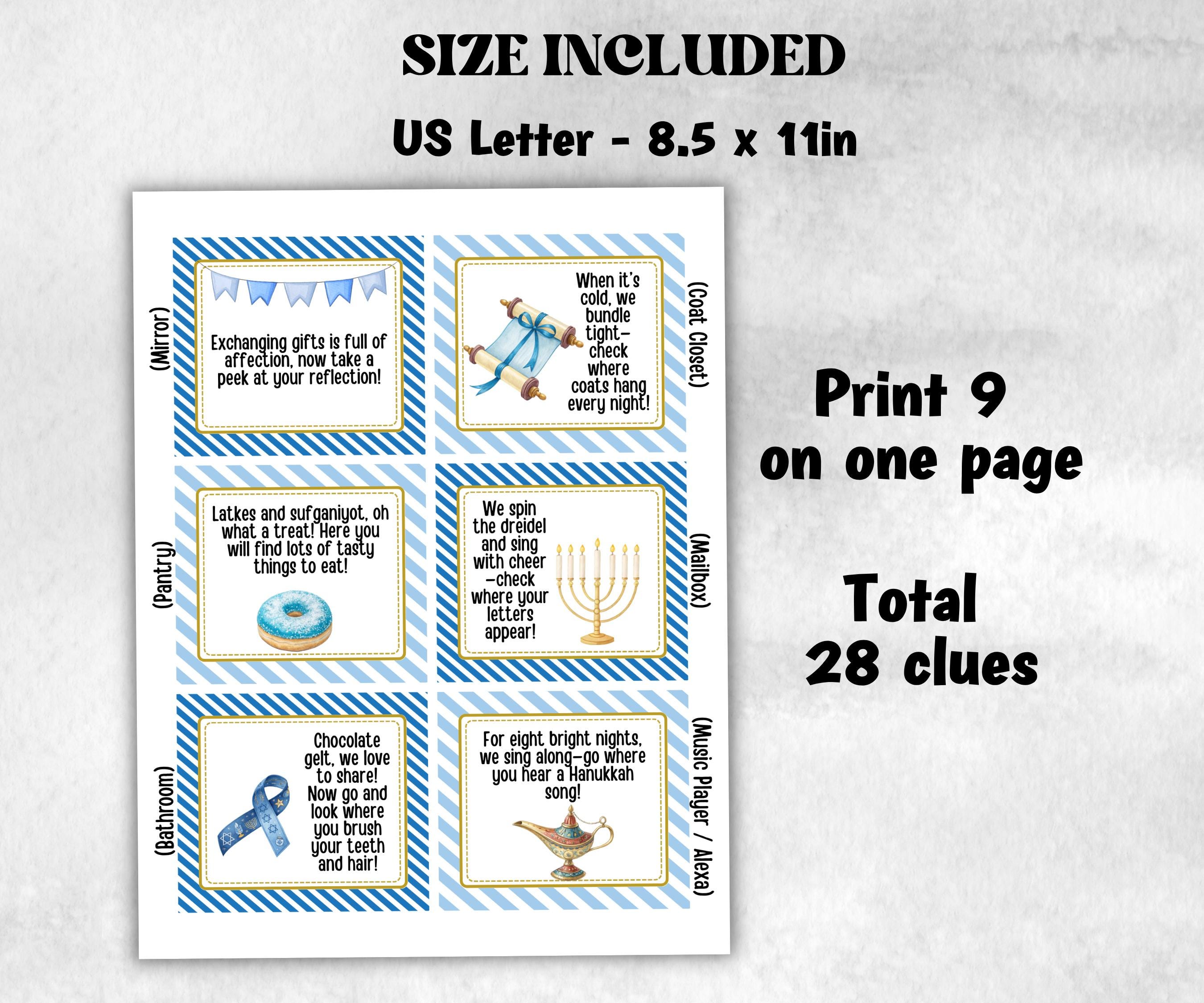 Kids Hanukkah Indoor Scavenger Hunt, Treasure Scavenger Rhyming Clues, Hanukkah Printable Activity, Jewish Holiday Game, Holiday Kids Game-Sports Printables -TheHustlingCatLady-Party Games