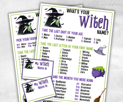 Whats Your Witch Name Game, Kids Halloween Wicked theme party, Witch Name Game Birthday Party, Witch Party Game, Magic Potion, Witch Night-Halloween Printables -TheHustlingCatLady-Party Games