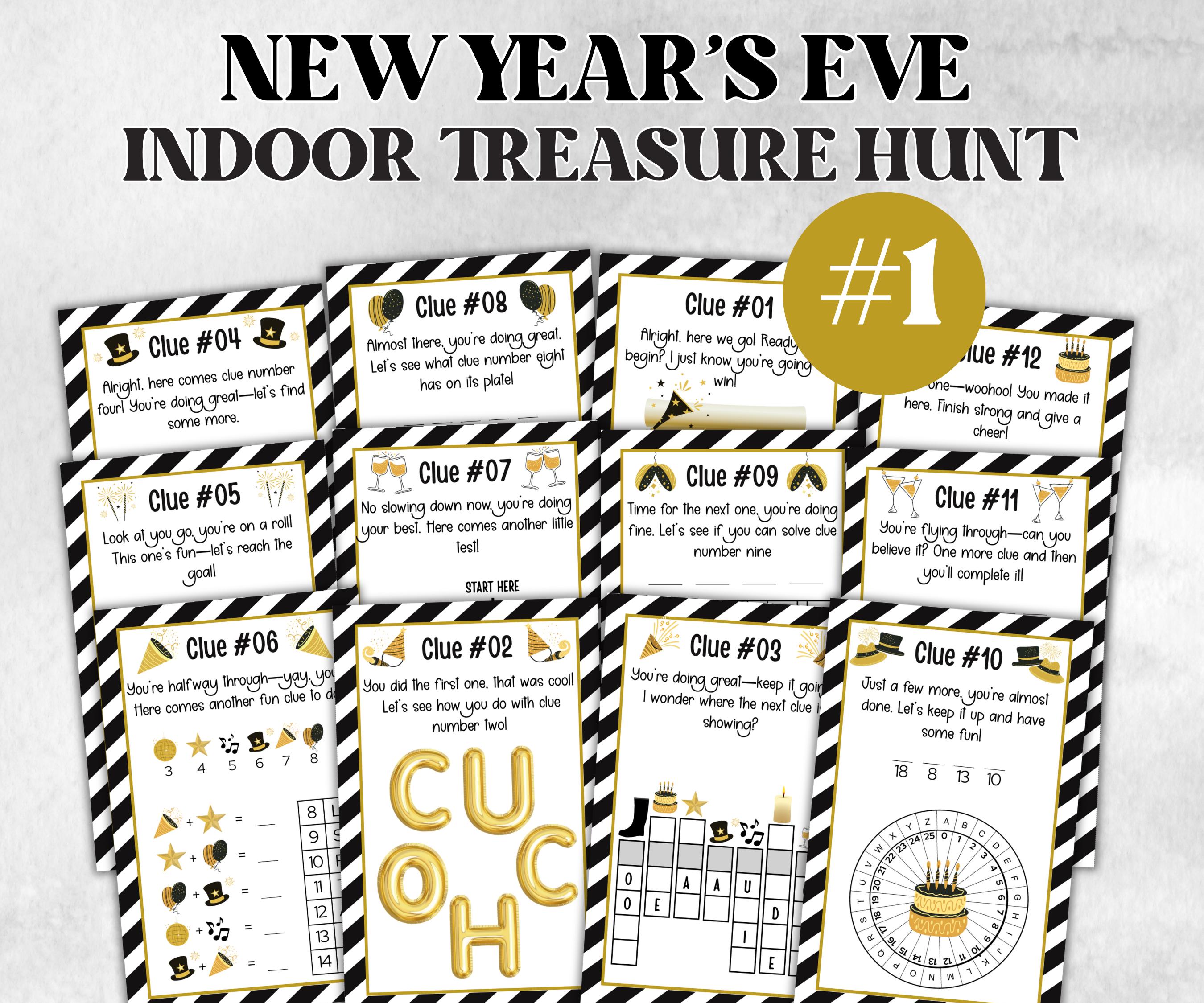 New Years Eve Indoor Treasure Hunt Kids, Printable New Year Party Games, New Year Activity, New Year Scavenger, Nye Treasure Hunt Clues-New Year&#39;s -TheHustlingCatLady-Party Games