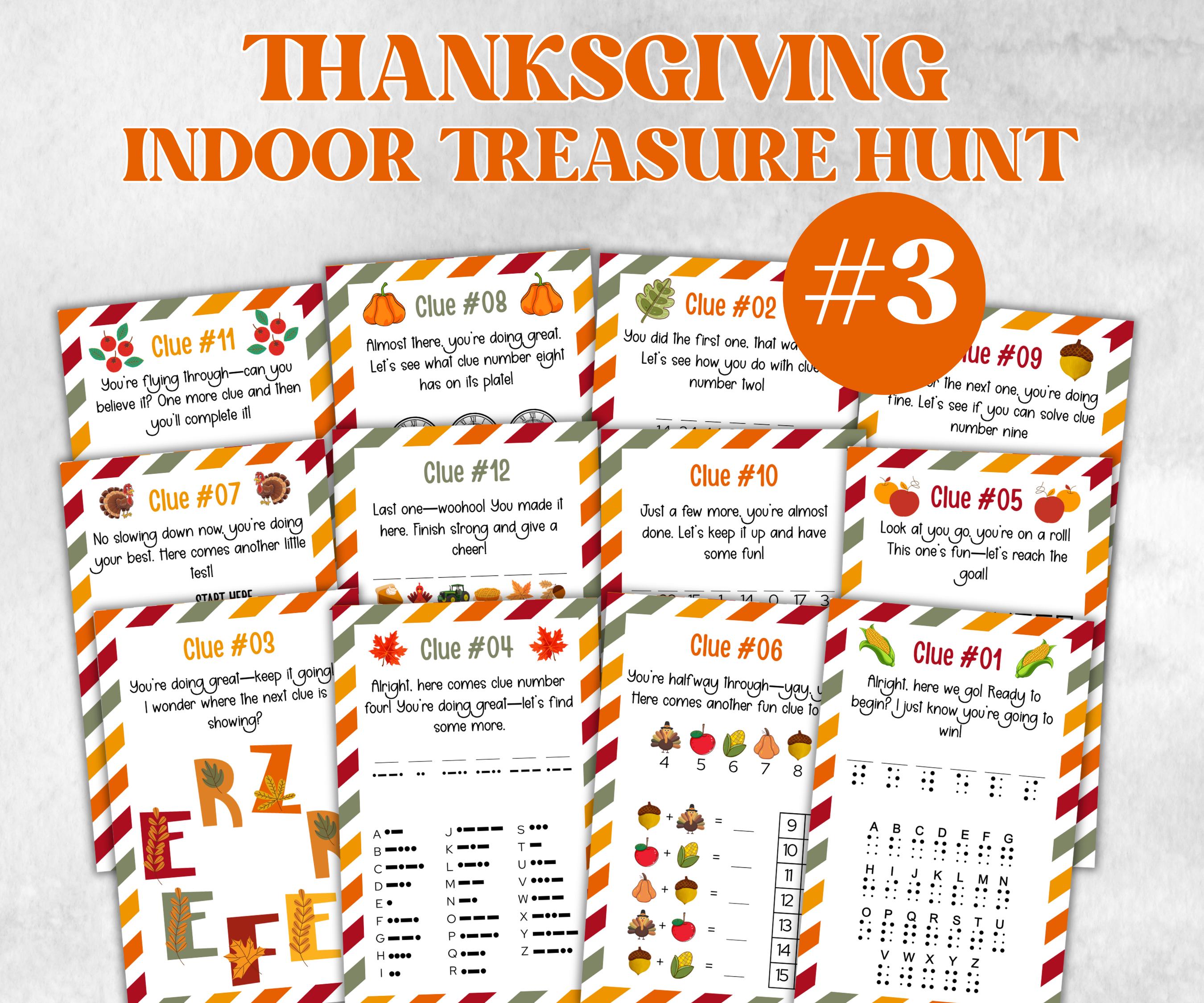 Thanksgiving Treasure Hunt Game, Printable Turkey hunt, Indoor adventure, Fall Autumn activity, Friendsgiving game, Family Holiday Quiz-Thanksgiving -TheHustlingCatLady-Party Games