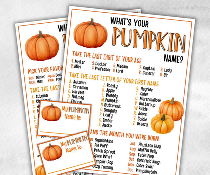 Whats Your Pumpkin Name Game, Kids Thanksgiving theme party, Pumpkin fall festival Birthday Party, Pumpkin Party Game, Pumpkin name card-Thanksgiving -TheHustlingCatLady-Party Games