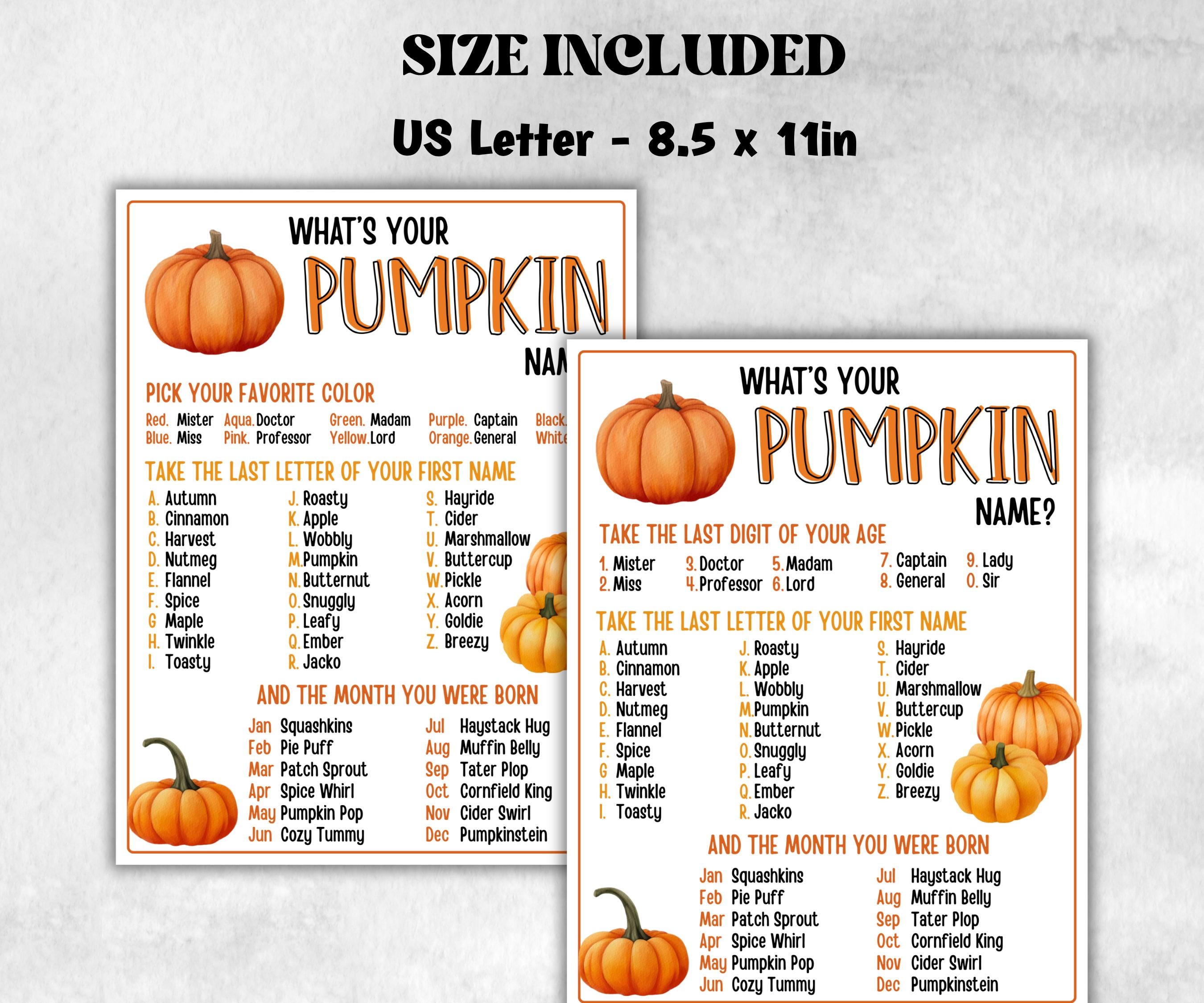 Whats Your Pumpkin Name Game, Kids Thanksgiving theme party, Pumpkin fall festival Birthday Party, Pumpkin Party Game, Pumpkin name card-Thanksgiving -TheHustlingCatLady-Party Games