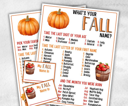 Whats Your Fall Name Game, Kids Thanksgiving theme party, Pumpkin fall festival Birthday Party, Fall Party Game, Fall name card, Give thanks-Thanksgiving -TheHustlingCatLady-Party Games