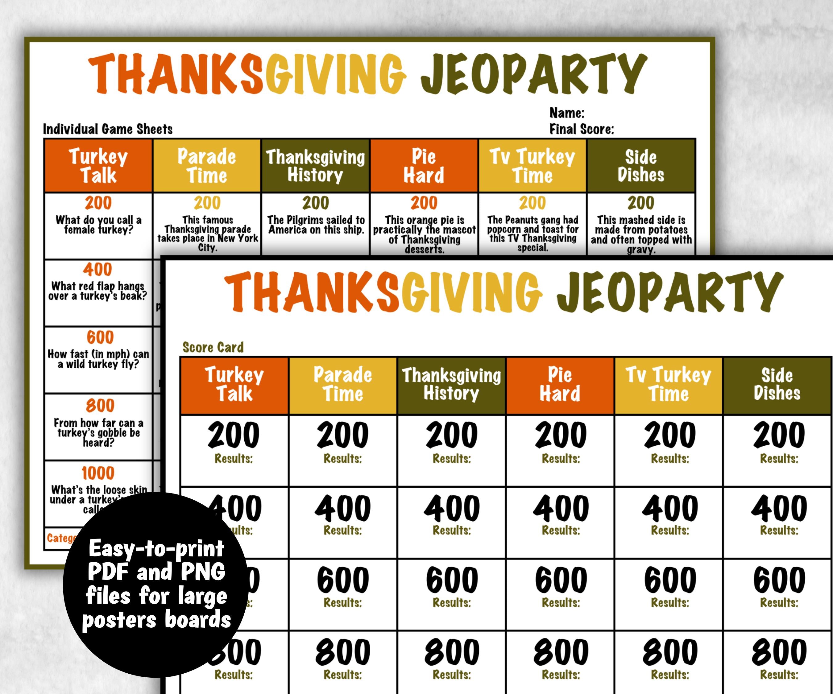 Thanksgiving Jeopardy Trivia Party, Printable Adult & Teen Activity, Thanksgiving Quiz, Group Game Show, Fall Party activity, Family Feud-Thanksgiving -TheHustlingCatLady-Party Games