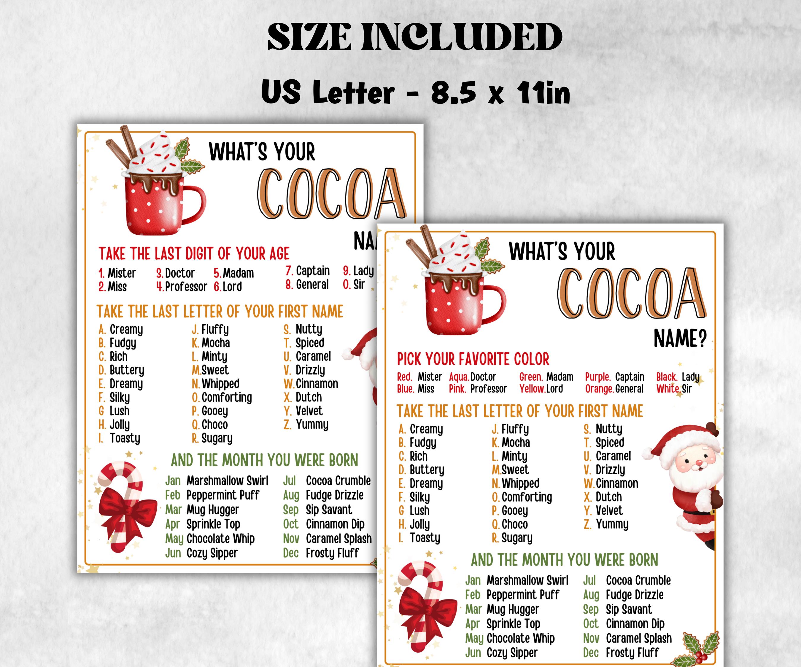 Hot Cocoa name tag game, Cocoa name board sign, name generator, Christmas Kids activities, Holiday party games, What's Your Hot Cocoa name-Christmas -TheHustlingCatLady-Stickers, Labels & Tags