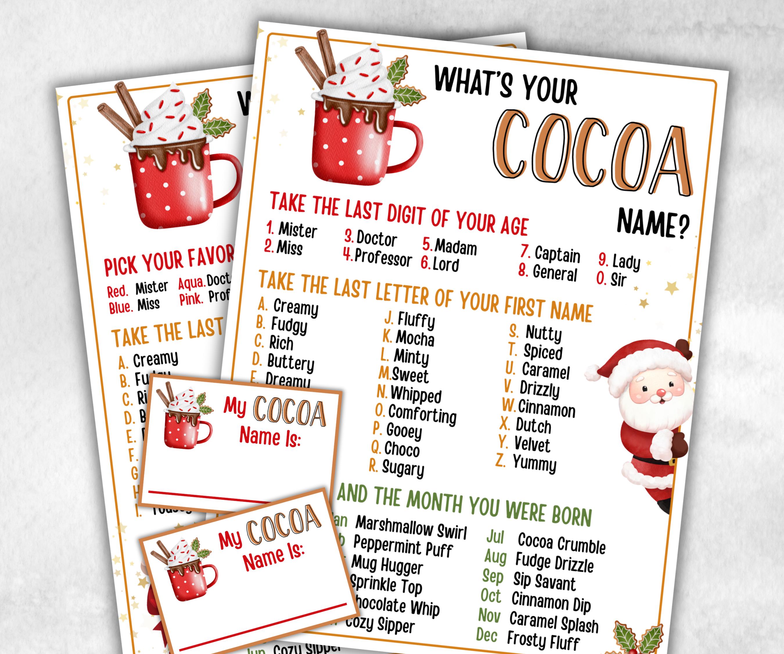 Hot Cocoa name tag game, Cocoa name board sign, name generator, Christmas Kids activities, Holiday party games, What's Your Hot Cocoa name-Christmas -TheHustlingCatLady-Stickers, Labels & Tags