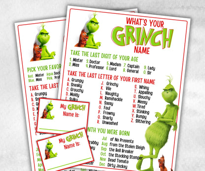 What's Your Grinch name, Grinch name tag, Grinch name board sign, name generator, Christmas Kids activities, Holiday party game, Grinchmas-Christmas -TheHustlingCatLady-Stickers, Labels & Tags