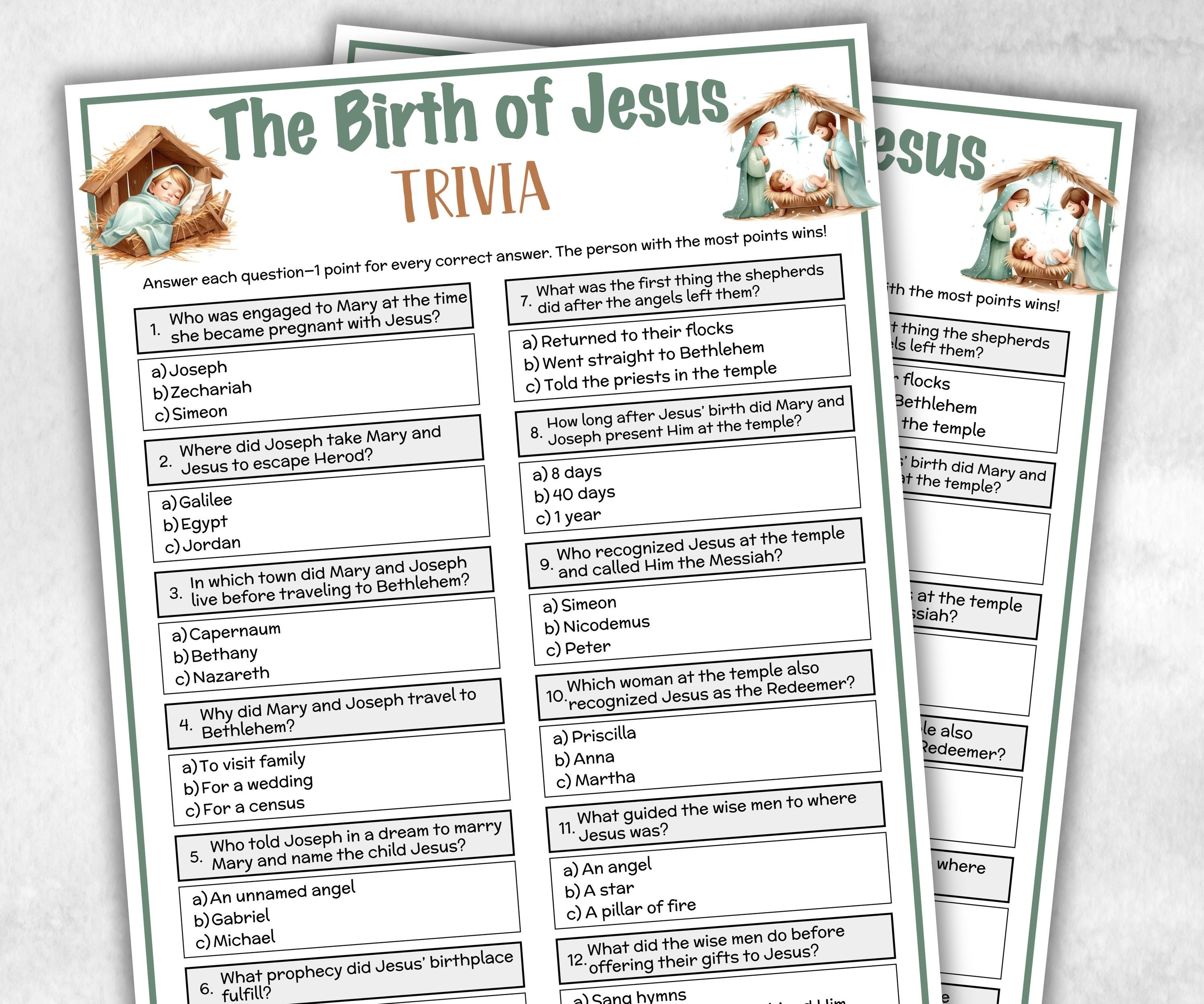 The Birth Of Jesus Printable Trivia for kid, Old Testament Activity, Sunday School Bible Game, Church Fundraiser game, Adult Teen Icebreaker-Office Supplies -TheHustlingCatLady-Party Games