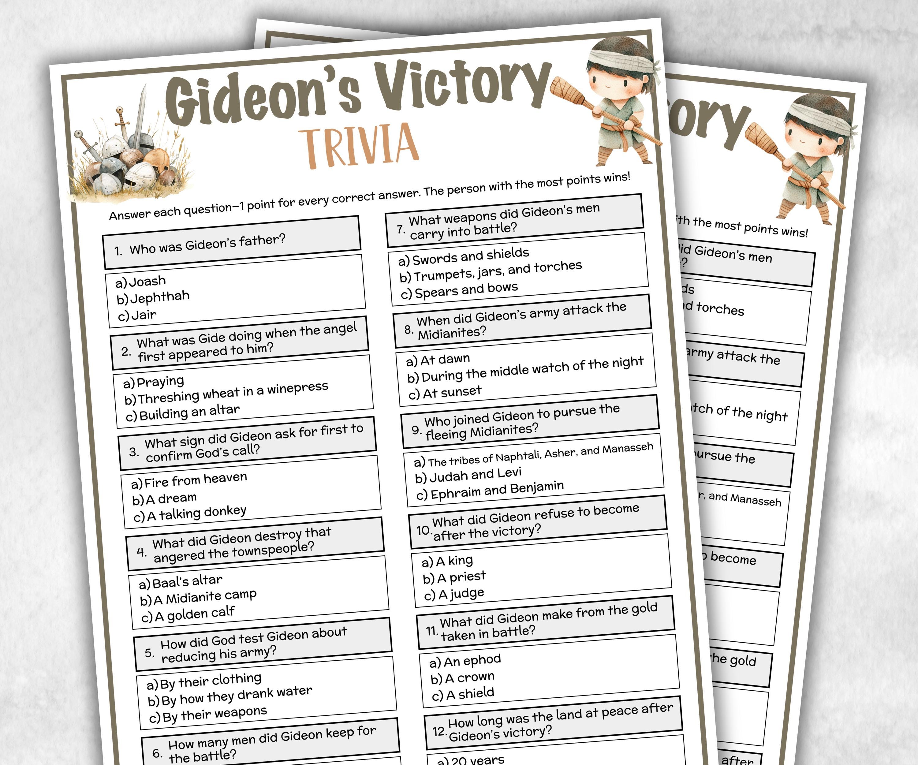 Gideon's Victory Printable Trivia for kid, Old Testament Activity, Classroom Christmas, Church Fundraiser game, Adult Teen church Icebreaker-Office Supplies -TheHustlingCatLady-Party Games