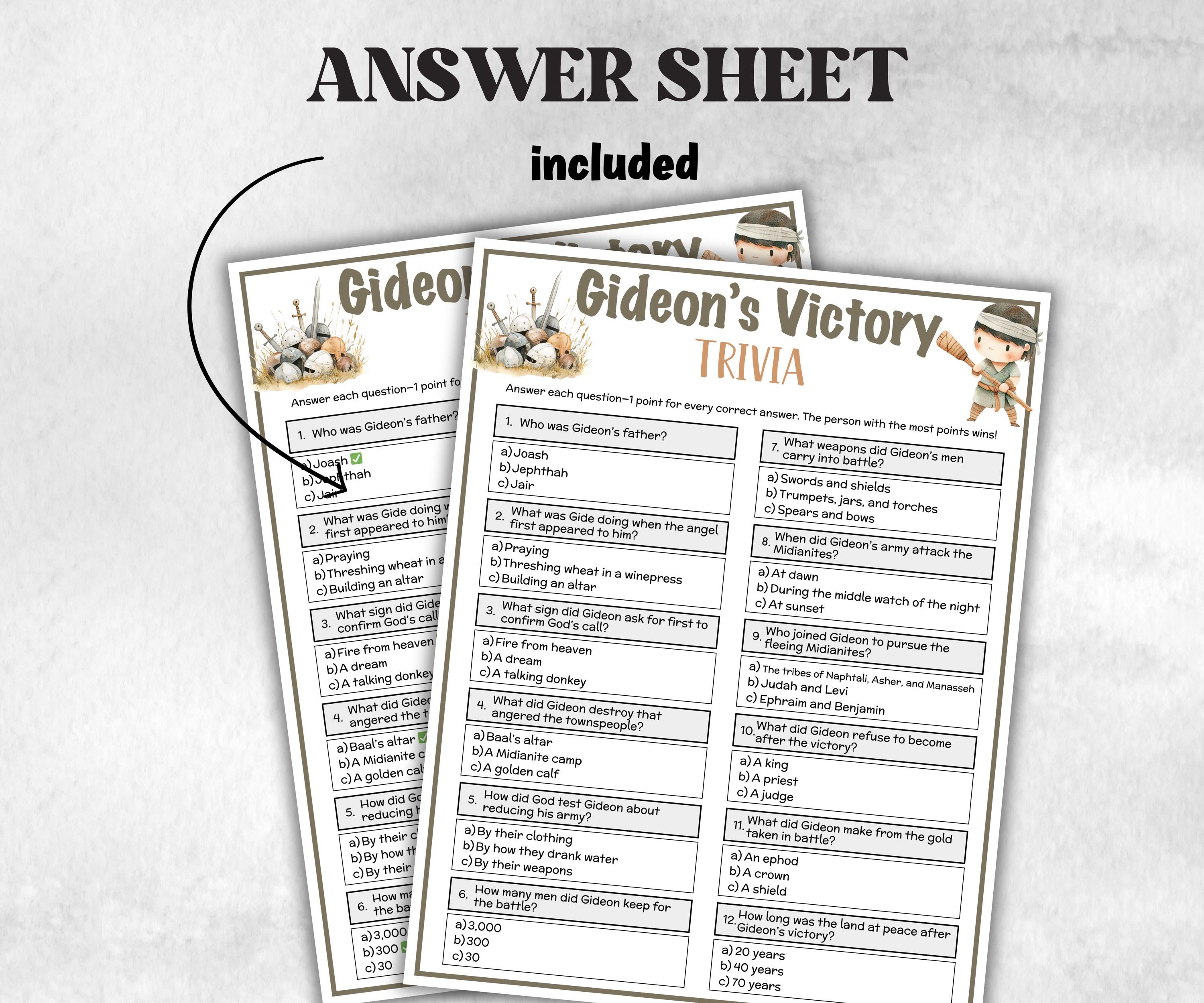 Gideon's Victory Printable Trivia for kid, Old Testament Activity, Classroom Christmas, Church Fundraiser game, Adult Teen church Icebreaker-Office Supplies -TheHustlingCatLady-Party Games