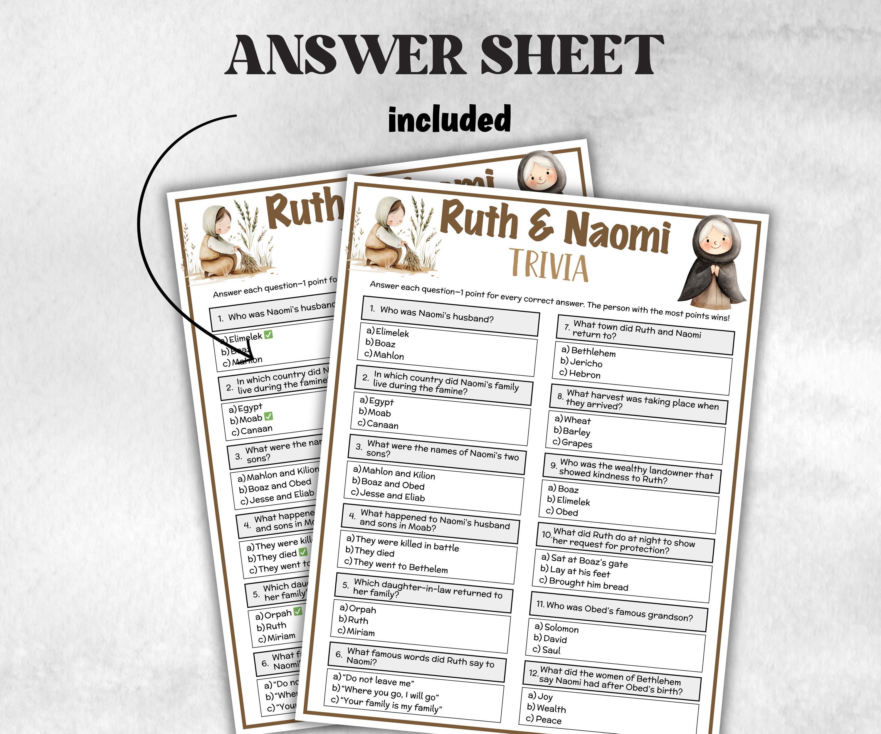 Ruth and Naomi Printable Trivia for kid, Old Testament Activity, Classroom Christmas, Church Fundraiser games, Adult Teen church Icebreaker-Office Supplies -TheHustlingCatLady-Party Games