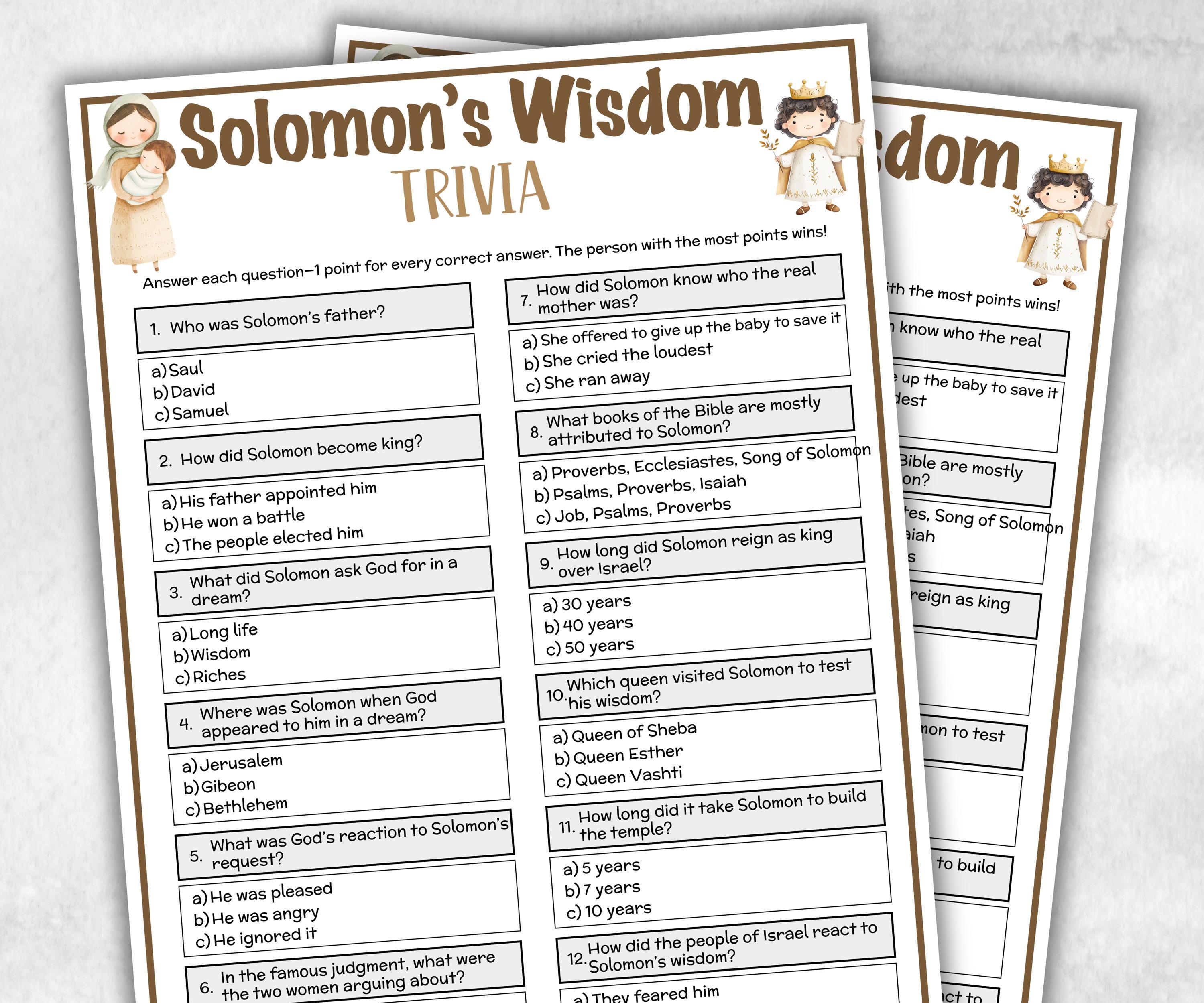 Solomon's Wisdom Printable Trivia for kid, Old Testament Activity, Classroom Christmas, Church Fundraiser game, Adult Teen church Icebreaker-Office Supplies -TheHustlingCatLady-Party Games